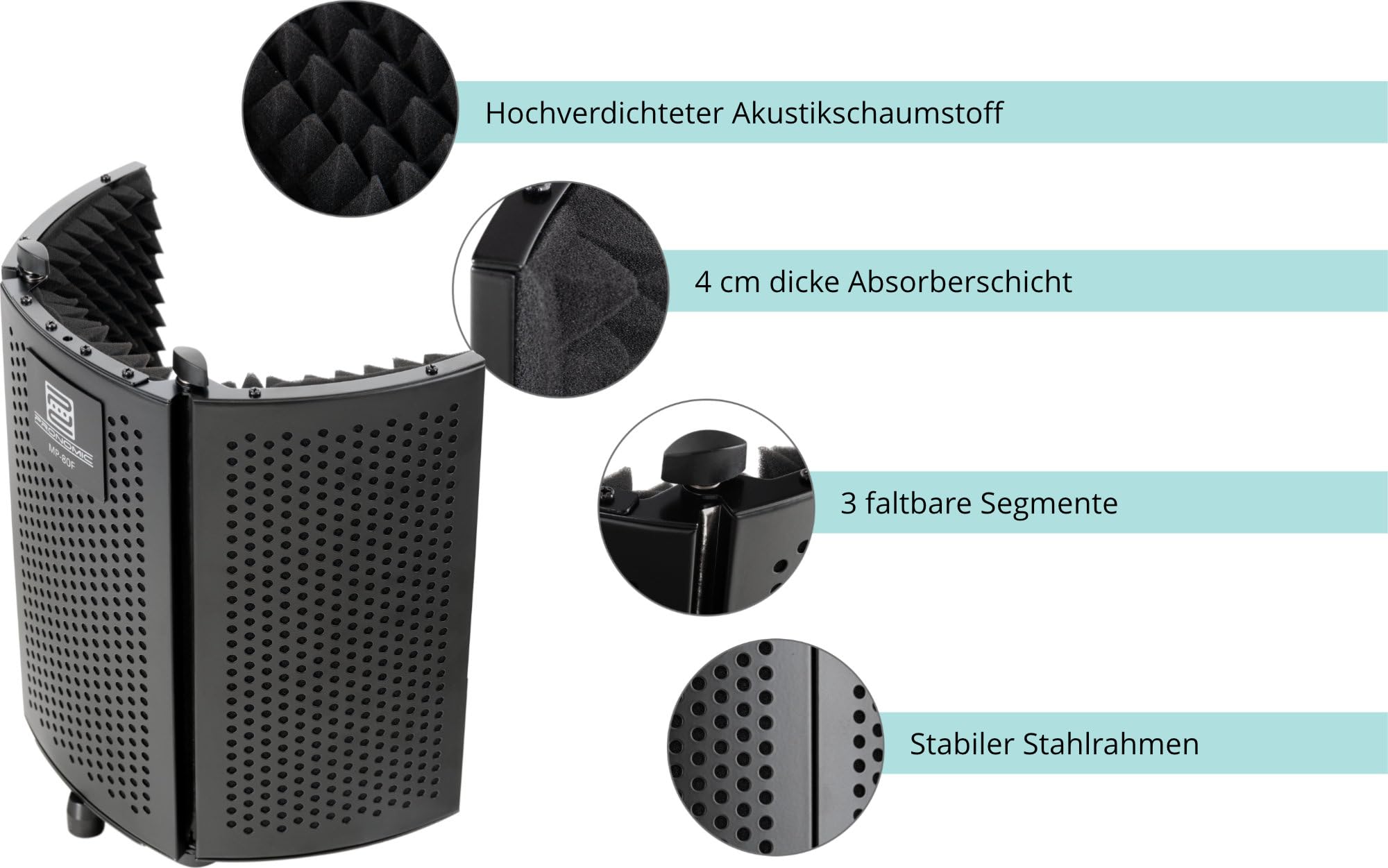 Pronomic MP-80F Micscreen Schwarz, Portabler Absorber und Diffusor | 5/8" Gewinde (plus Reduziergewinde auf 3/8"), 2 Klappgelenke mit Feststellschrauben, Absorber Breite: bis zu 40 cm, 5 cm