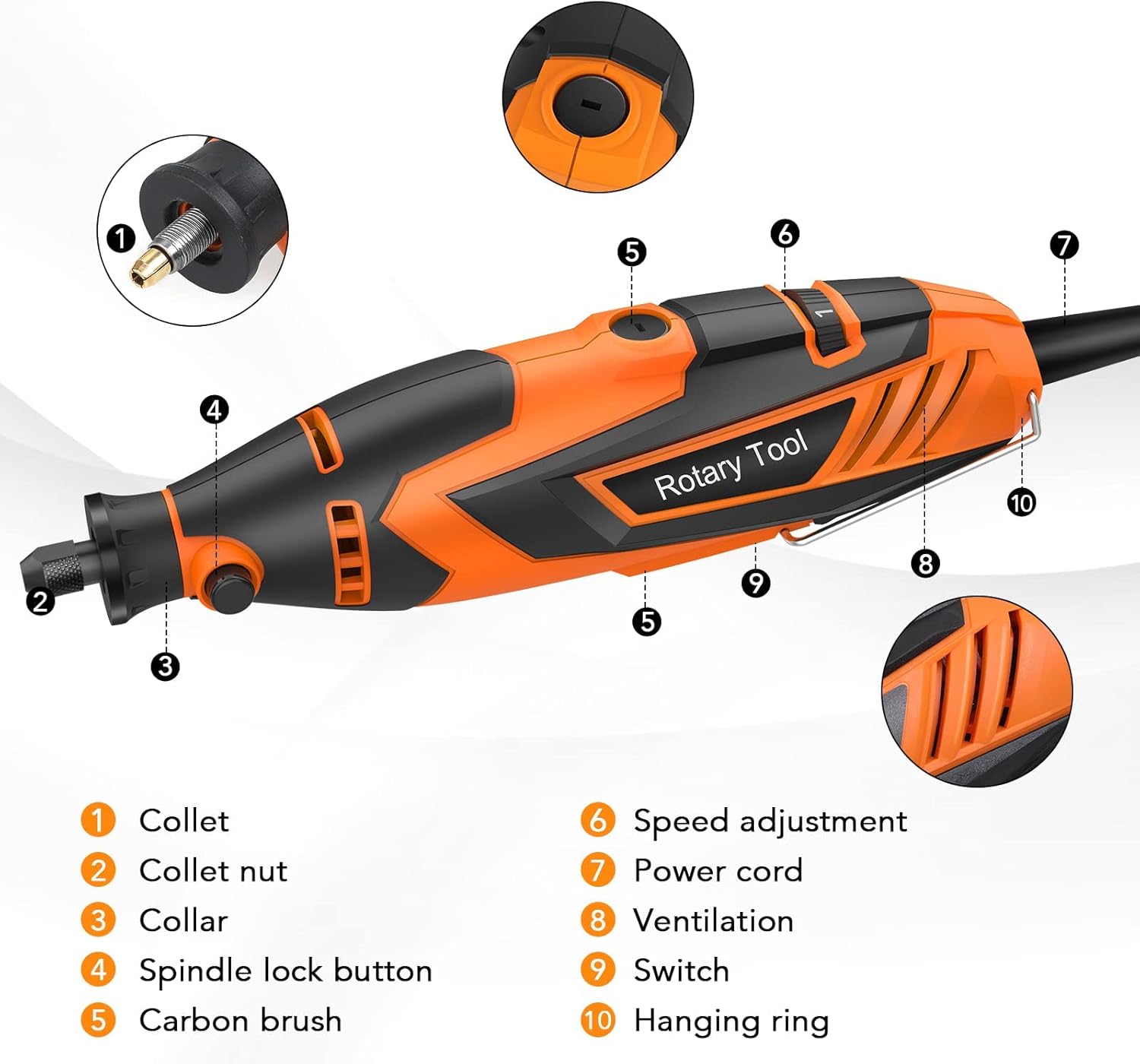 Diagram of the Vastar rotary tool with numbered labels pointing to its main components: Collet, Collet nut, Collar, Spindle lock button, Carbon brush, Speed adjustment, Power cord, Ventilation, Switch, and Hanging ring.