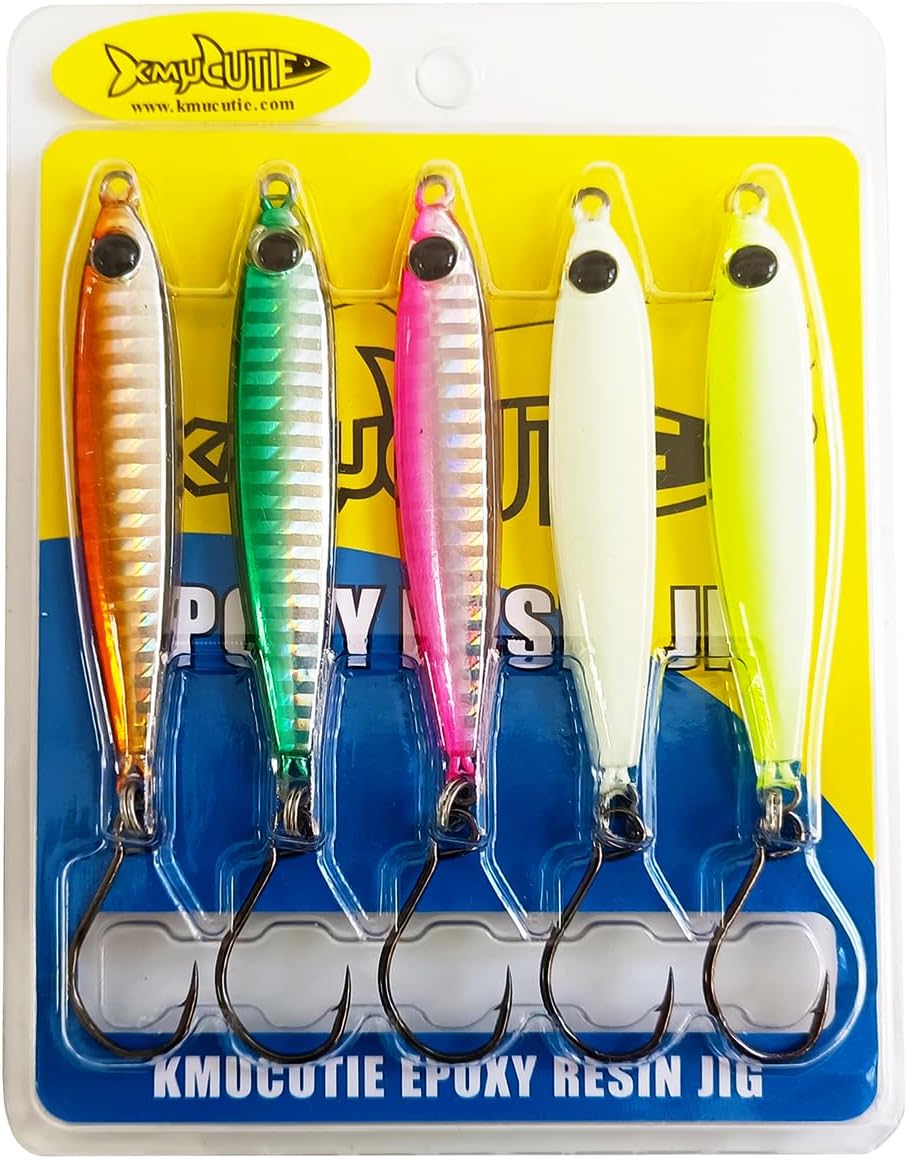 Kmucutie 5 Pieces 1 OZ Epoxy Resin Fishing Jig Lure Great for Inshore and Offshore Game Fish,Artificial Lures for Grouper,Dogtooth,Bass Salmon