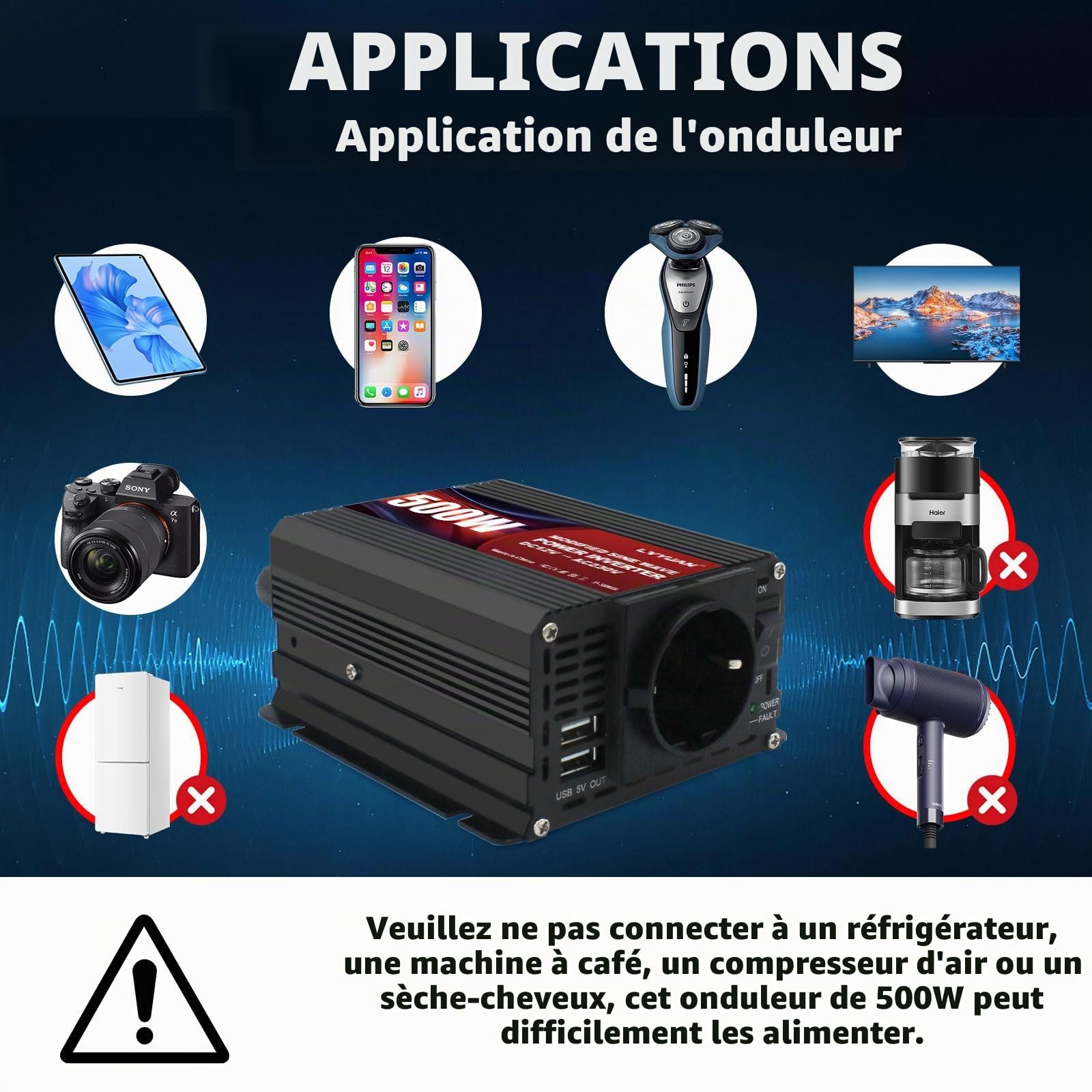LVYUAN Convertisseur 12V 220V 500W Convertisseur de Tension, Onduleur avec Double Connexion USB et Prises EU, Inverter