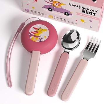 Bentoheaven Kids Utensils Set with Case, Reusable Fork & Spoon, Dachshund | Kid Travel cutlery set with reusable flatware, 18/8 stainless steel, BPA-free handles, dishwasher-safe fork, spoon and case.