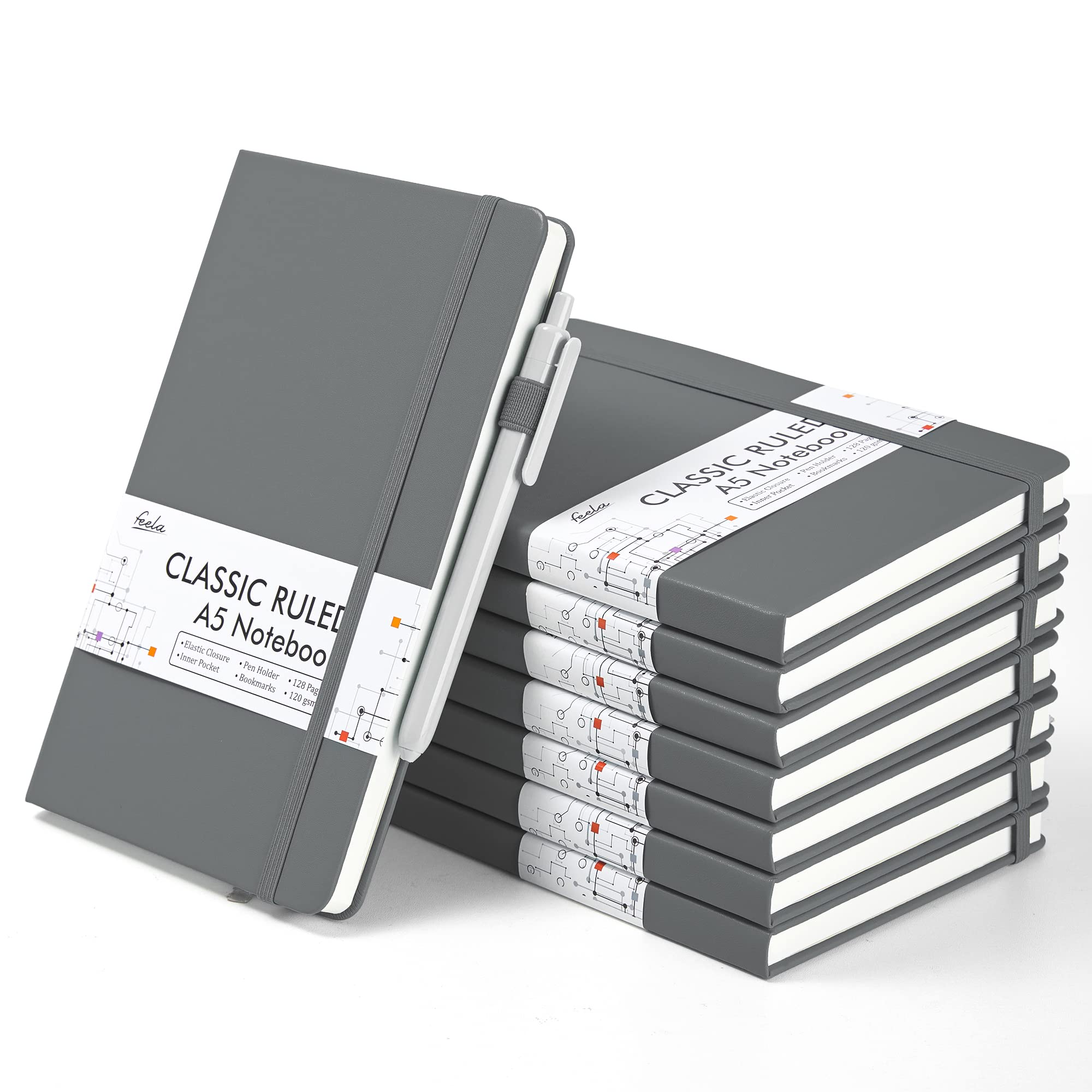 feela 8 Pack Journal Notebook Bulk for School, Hardcover Business Notebooks Classic Ruled Lined Journals with Pen Holder for Work Note Taking, with 8