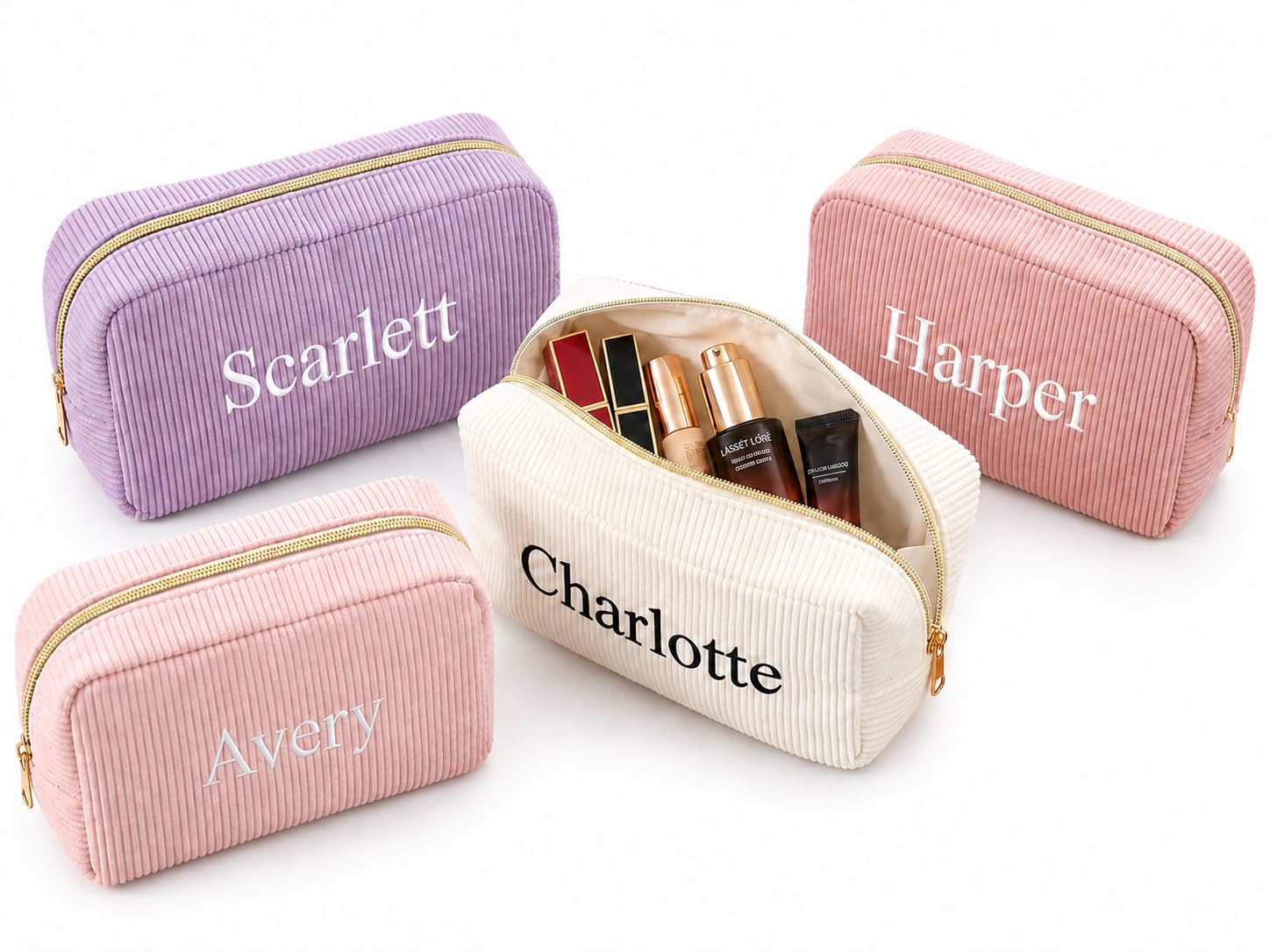 personalized corduroy makeup bag for women, custom embroidered cosmetic bag with name, travel toiletry organizer pouch, large capacity zipper makeup case for cosmetics, skincare