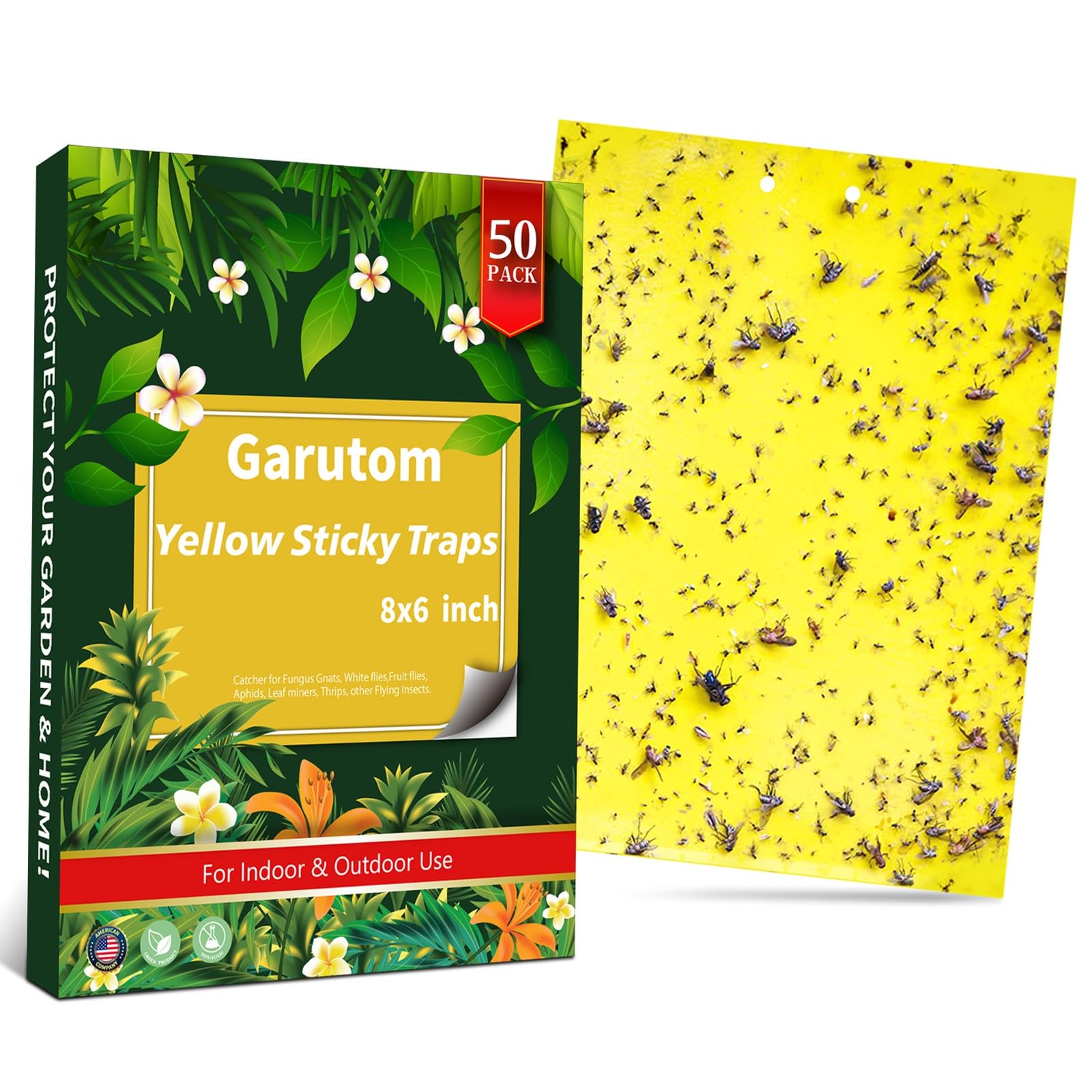 Garutom Paquete de 50 trampas adhesivas amarillas de doble cara para insectos voladores de plantas como mosquitos de hongos, moscas blancas, pulgones, minadores de hojas, etc. (6 x 8 pulgadas, incluye
