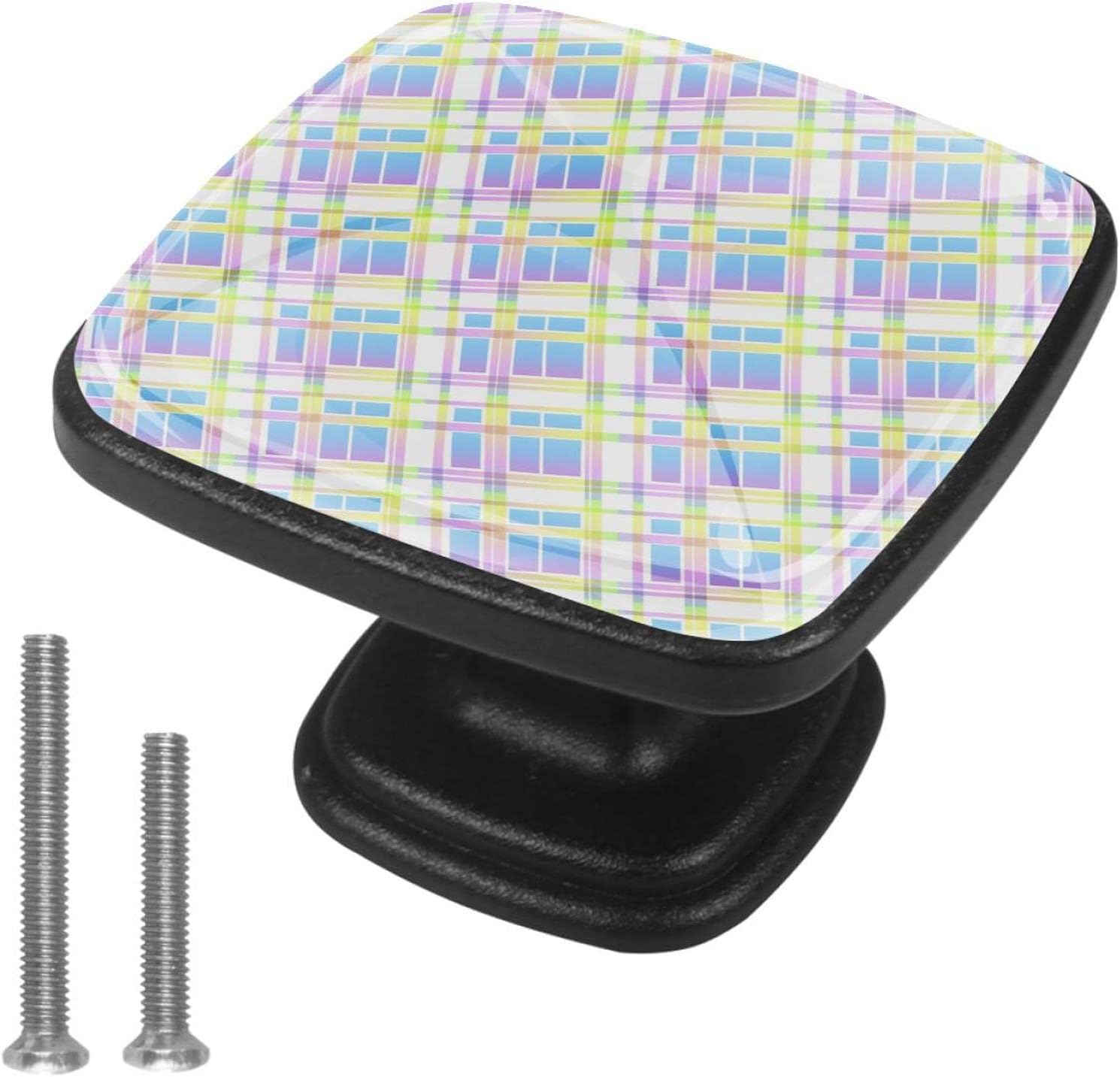 4 Pack Kitchen Knobs,Yellow Purple Plaid,Dresser Knobs Drawer