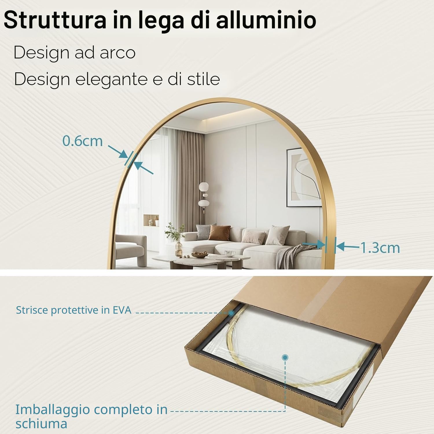 Clevich Specchio da Terra Curvo, 150 x 50 cm Specchio da Parete | con Cornice in Alluminio per Camera da Letto,Bagno,Ingresso e Corridoio, Oro
