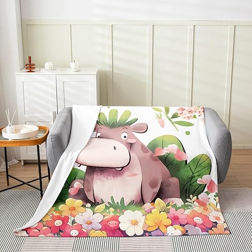 Miniatura 2 de Erosebridal Manta de hipopótamo de dibujos animados, tamaño Queen de 90 x 90 pulgadas, bonita manta de forro polar con diseño de animales, flores de