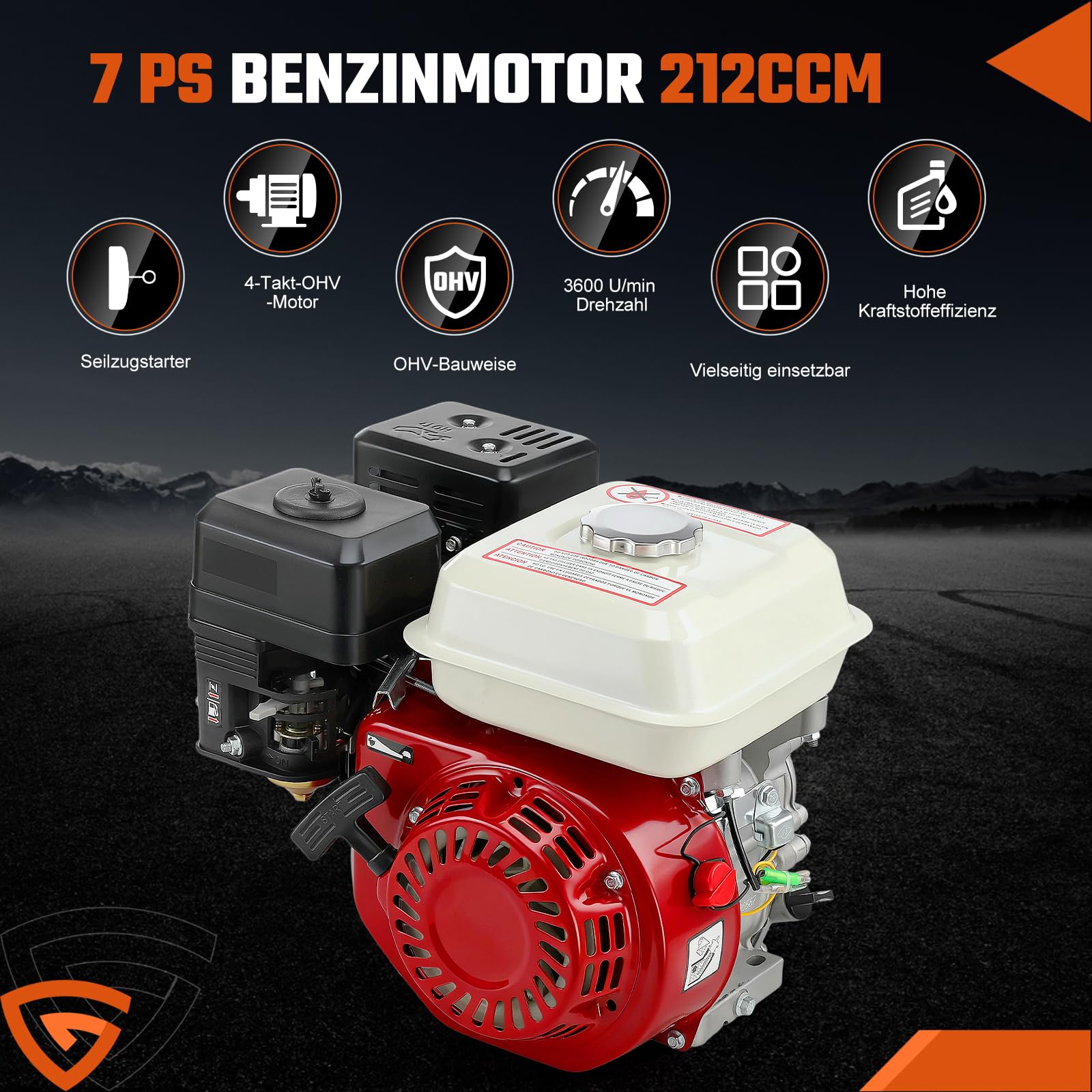 7 PS Benzinmotor Standmotor Kartmotor Antriebsmotor mit 20 mm Ø Welle, Ölmangelsicherung, 4-Takt, 1 Zylinder Benzin Motor, 212 ccm Hubraum, luftgekühlt, Seilzugstart