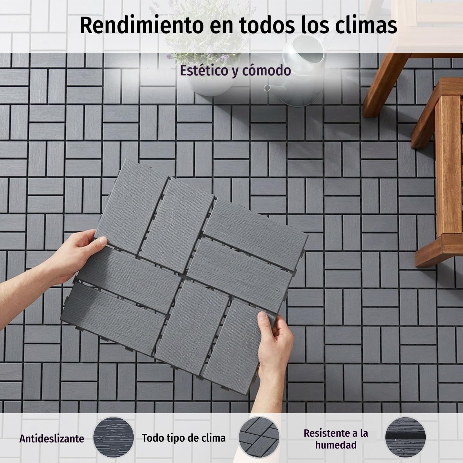 44 Baldosas WPC para Terraza Exterior, Antideslizantes e Impermeables, Sistema Click, Suelo Composite para Jardín, Balcón y Piscina, Gris, 30 x 30 cm, 4 m²