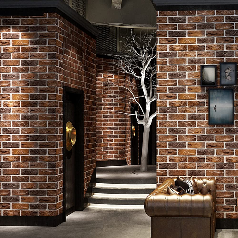 Q QIHANGClassic Retro Simulation 3D Brick Pattern PVC Wallpaper Dining Room Living Room TV Background Wall Cafe Bar 20.87" Wx393.7 L Non-Pasted (Dark Brown)