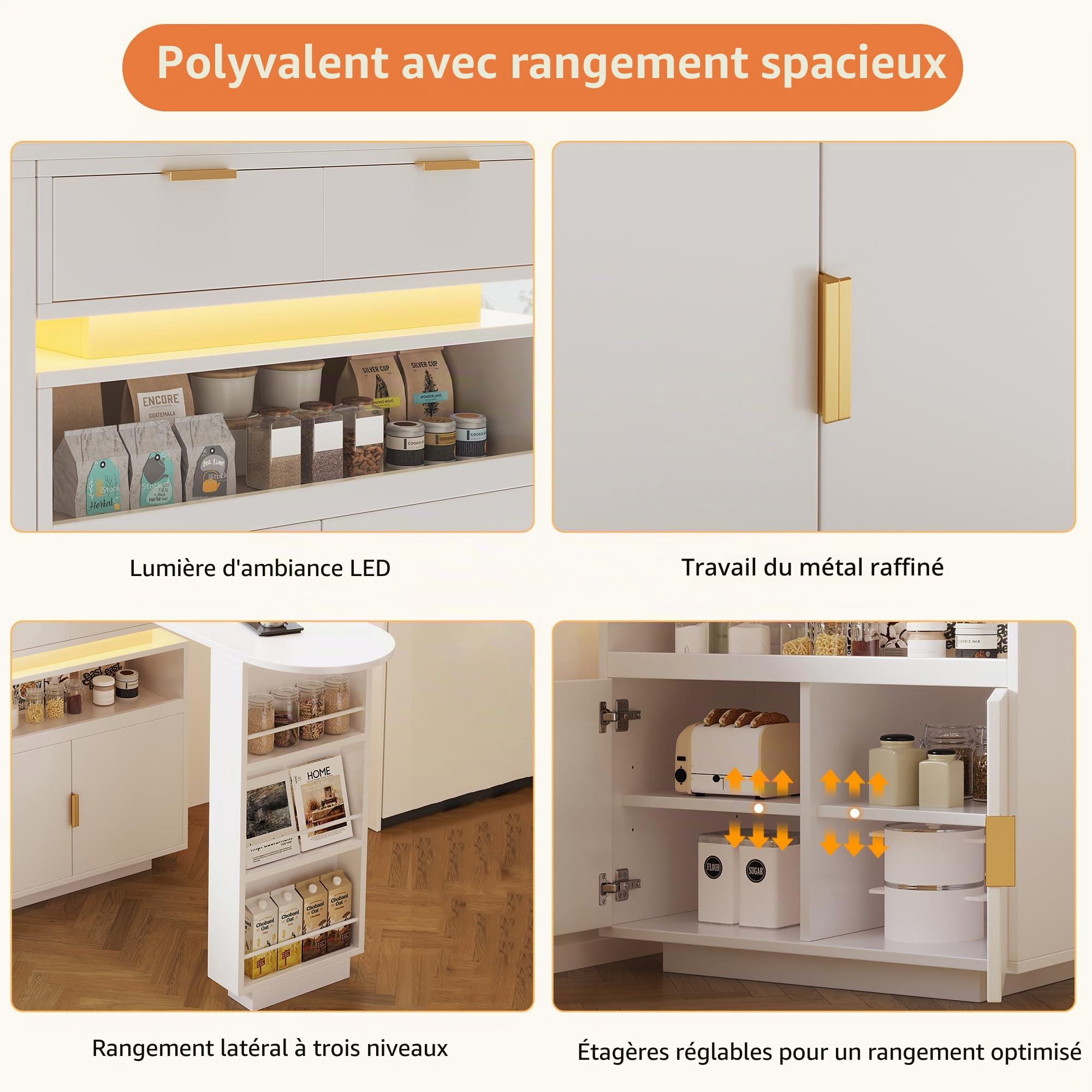 Meuble Bar Rotatif Extensible 115-183cm,îlot de Cuisine avec rangements,LED,Rotation 360,Table Extensible–Bar à café Mobile pour Cuisine et Salle à Manger,Blanc