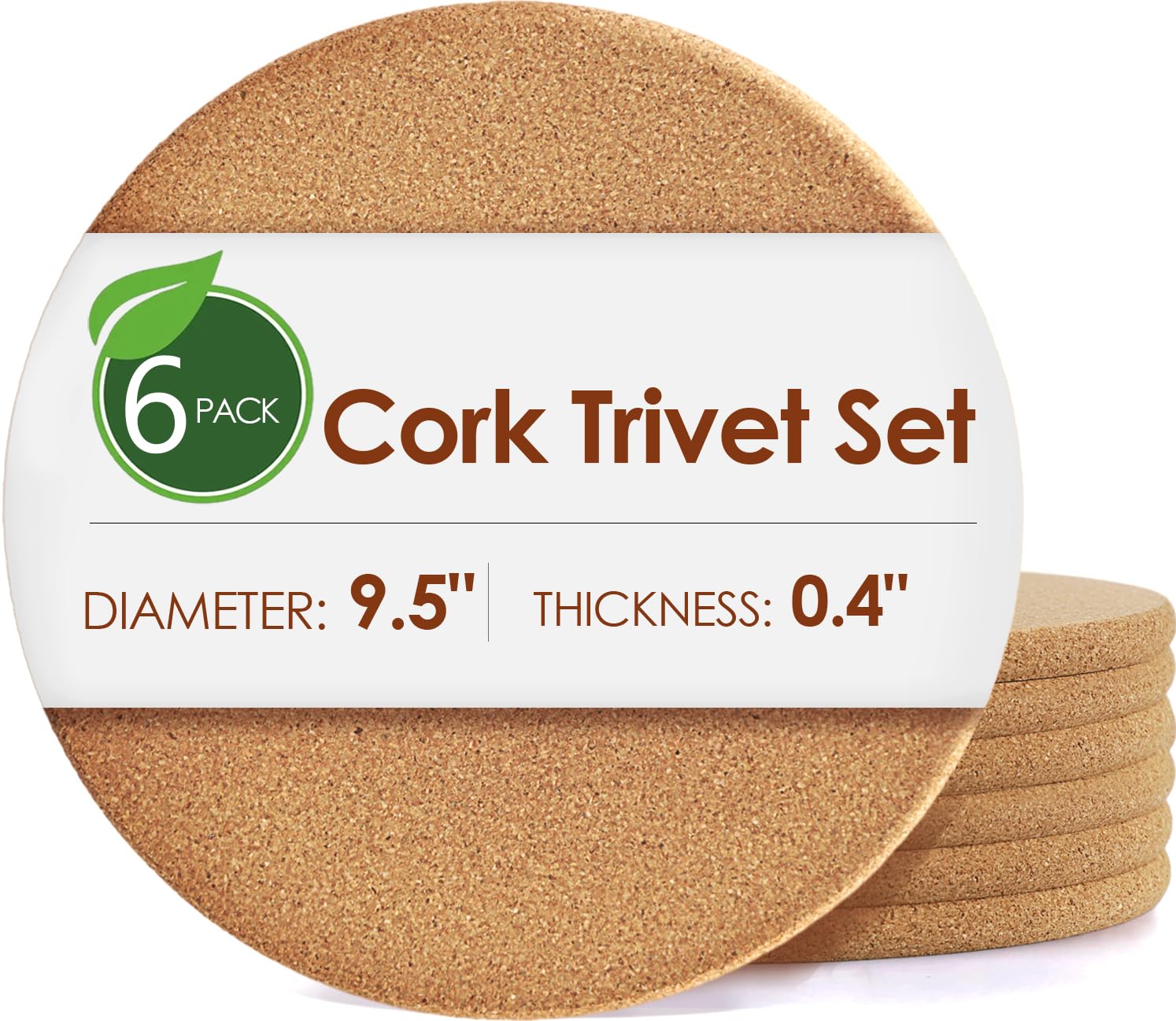 6 Pack Extra Large Cork Trivet, 9.5 Inch High-Density Thick CorkTrivets for Hot Dishes, Heat Resistant Cork Trivets for Hot Pots and Pans Kitchen, Countertop Wooden Table, Coasters