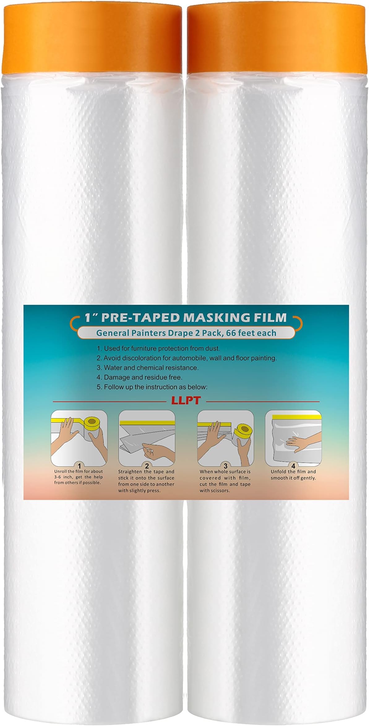 LLPT Tape and Drape Pre-Taped Masking Film | 2-Pack | 200cm(Unfolded) x 20m | Versatile Painter's Plastic Dust Sheets | for Auto Wall Furniture Painting and Spraying Protection (MFT2002)