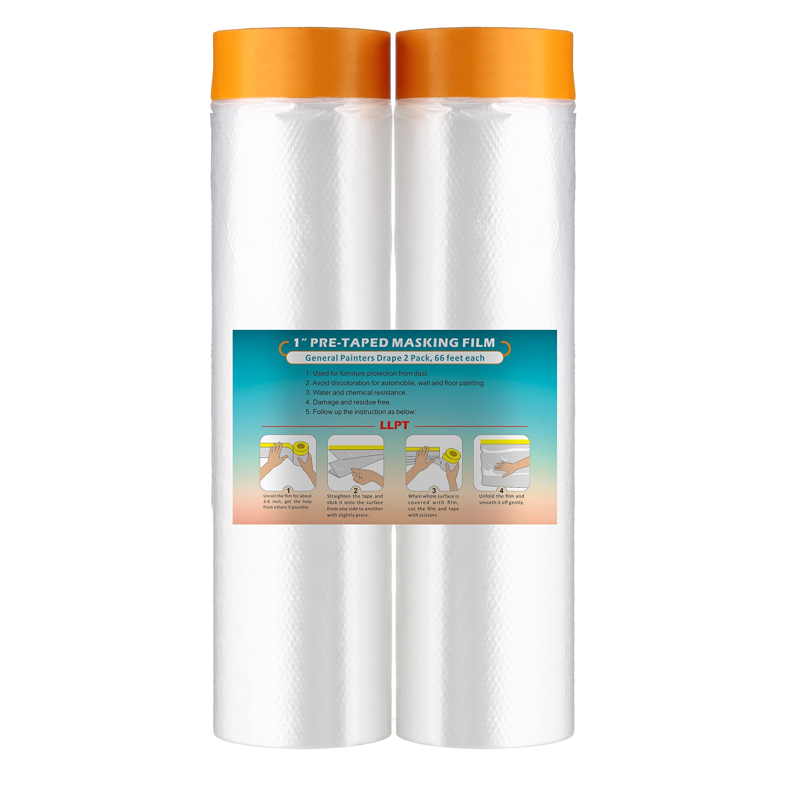 LLPT Tape and Drape Pre-Taped Masking Film | 2-Pack | Versatile Painter's Plastic Dust Sheets for Auto Wall Furniture Painting and Spraying Protection (MFT2002) | 200cm(Unfolded) x 20m