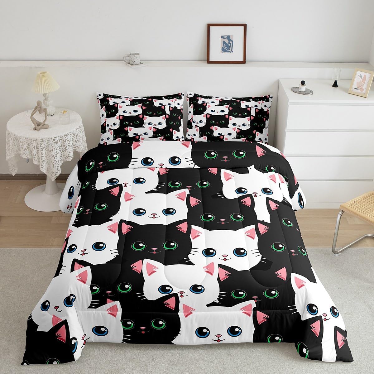 Feelyou Kids Cat Bedding Comforter Set Cartoon Cat Twin Size,Cute Kitty Bedding Set for Teens Kids Boys Girls Adults Kawaii Animal Room Decor, All Season,1 Pillow Case,Black White