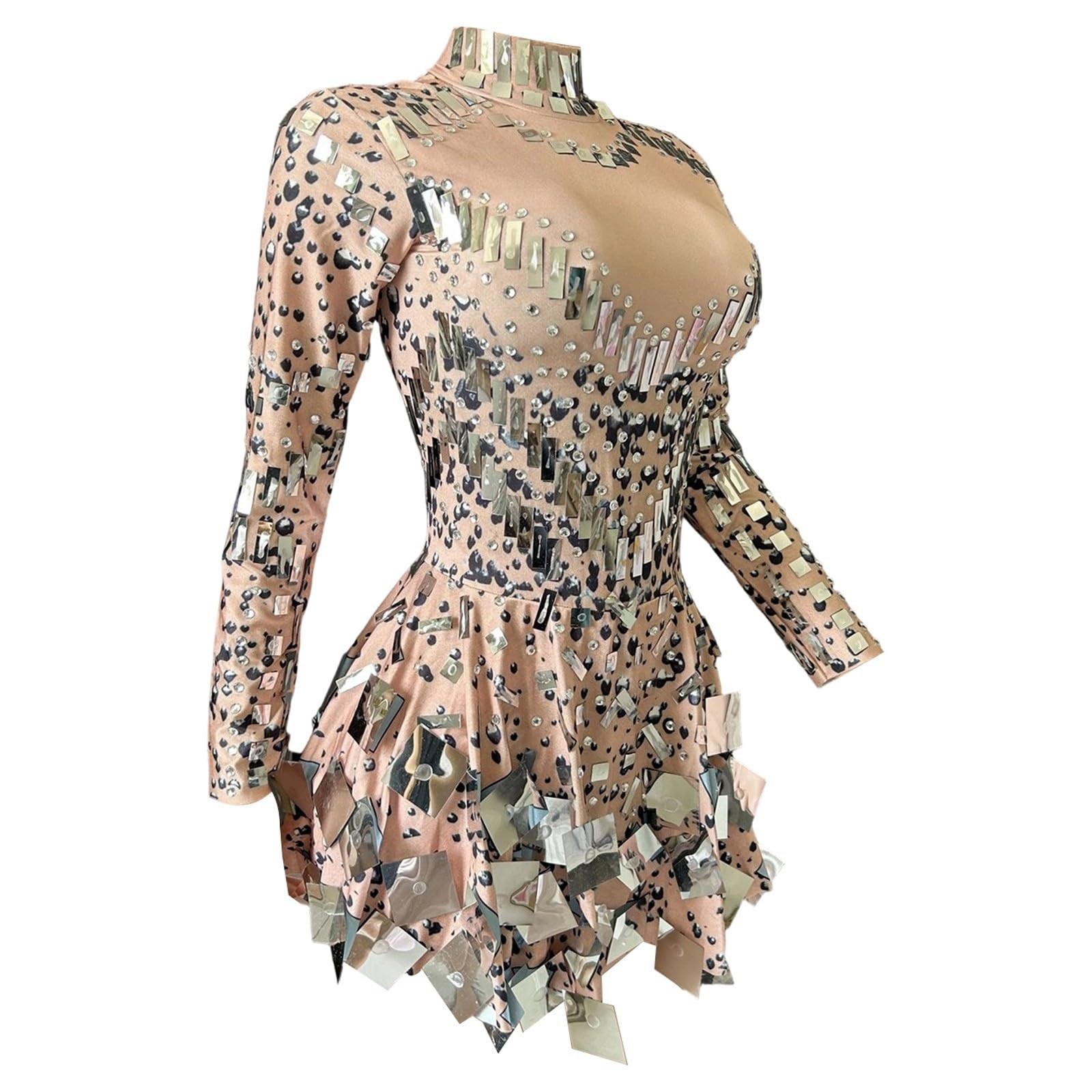 Lentejuelas Vestido Corto Sparkly Salón de Baile Disfraz Espejo Mujeres Equipo Sexy Escenario Llevar Lujo Bailarina Traje de Bailarina Cuello Alto Vestido Brillante Mini Vestidos Metálicos