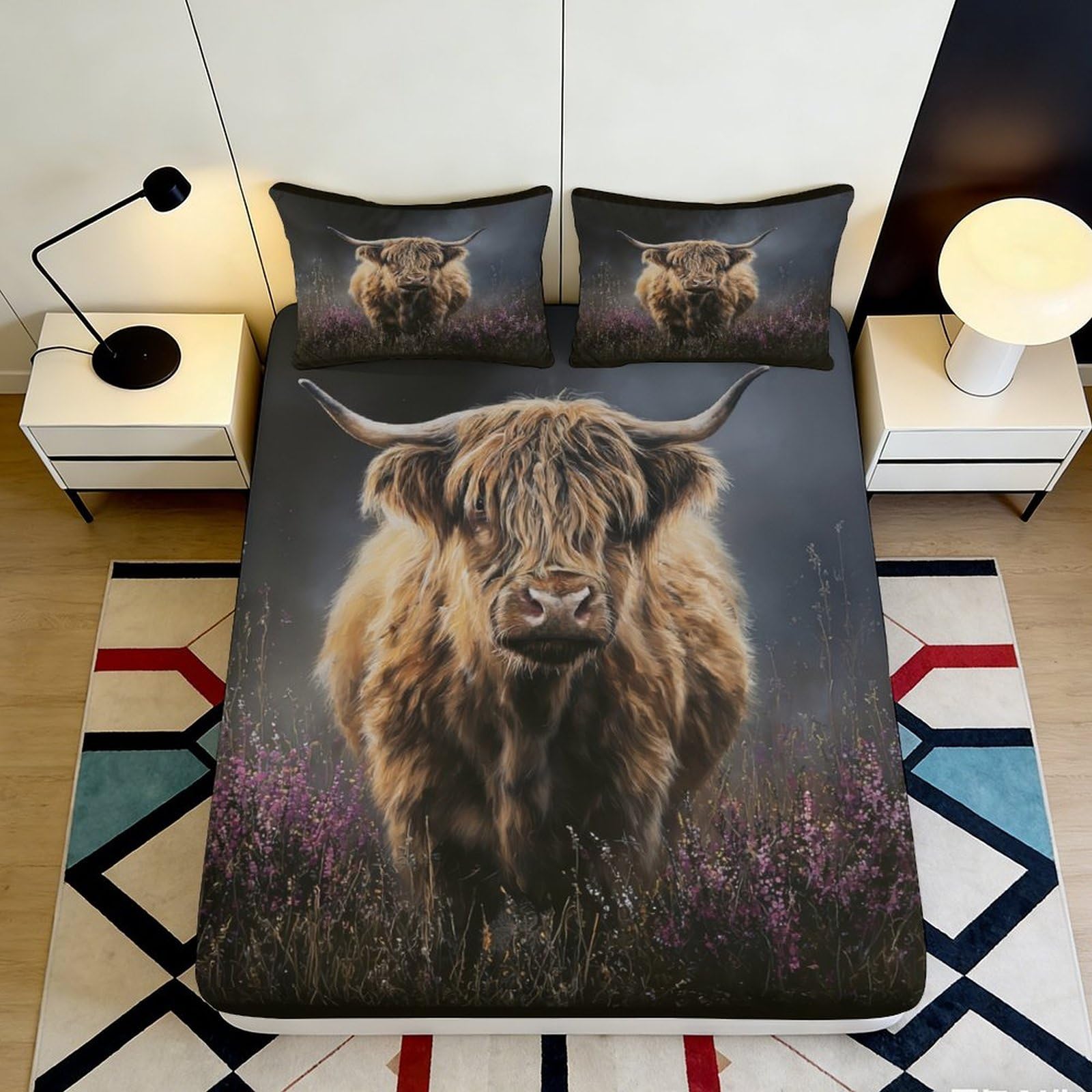 3D Printed Highland Cattle Fitted Sheet Microfiber Deep Pocket Bedding Set Highland Cow Mattress Fitted Cover All Around Non-Slip 140x200x25cm