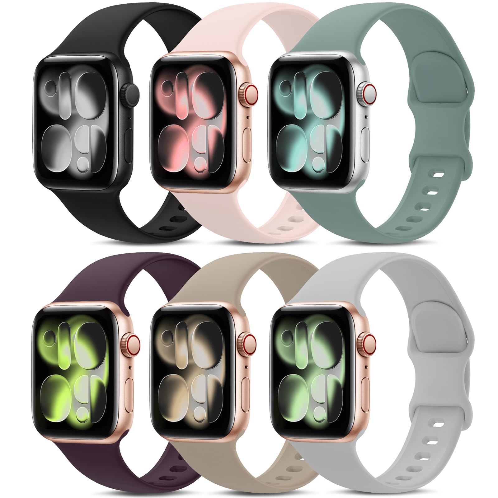 6 Pack Sport Bands Compatible with Apple Watch Band 38mm 40mm 41mm 42mm 44mm 45mm,Soft Silicone Waterproof Strap Wristbands Compatible with iWatch Apple Watch Series 7 6 5 4 3 2 1 SE Women Men