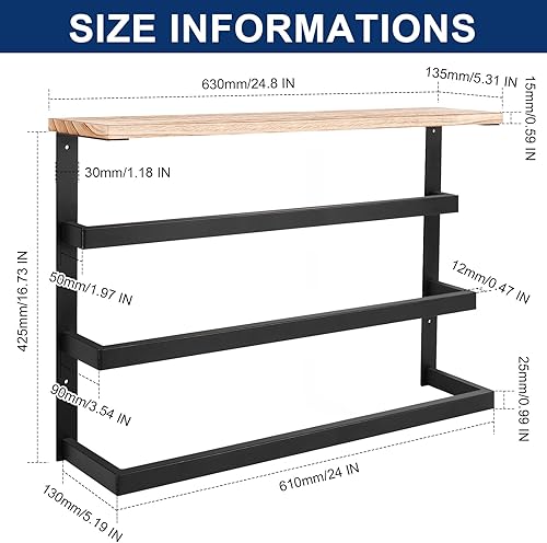 Miniatura 2 de NearMoon Toallero colgante para baño, toallero de metal grueso con estante de madera, almacenamiento de barra de toallas de 3 niveles, colgadores de