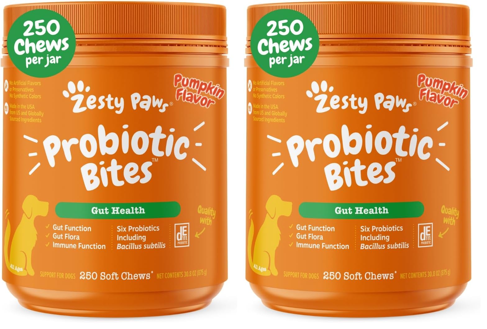 Zesty Paws Probiotics for Dogs, Digestive Enzymes Gut Flora, Digestive Health, Diarrhea & Bowel Support, DE111, Dog Probiotic Soft Chew for Pet Immune System, Pumpkin, 250 Ct (Pack of 2)