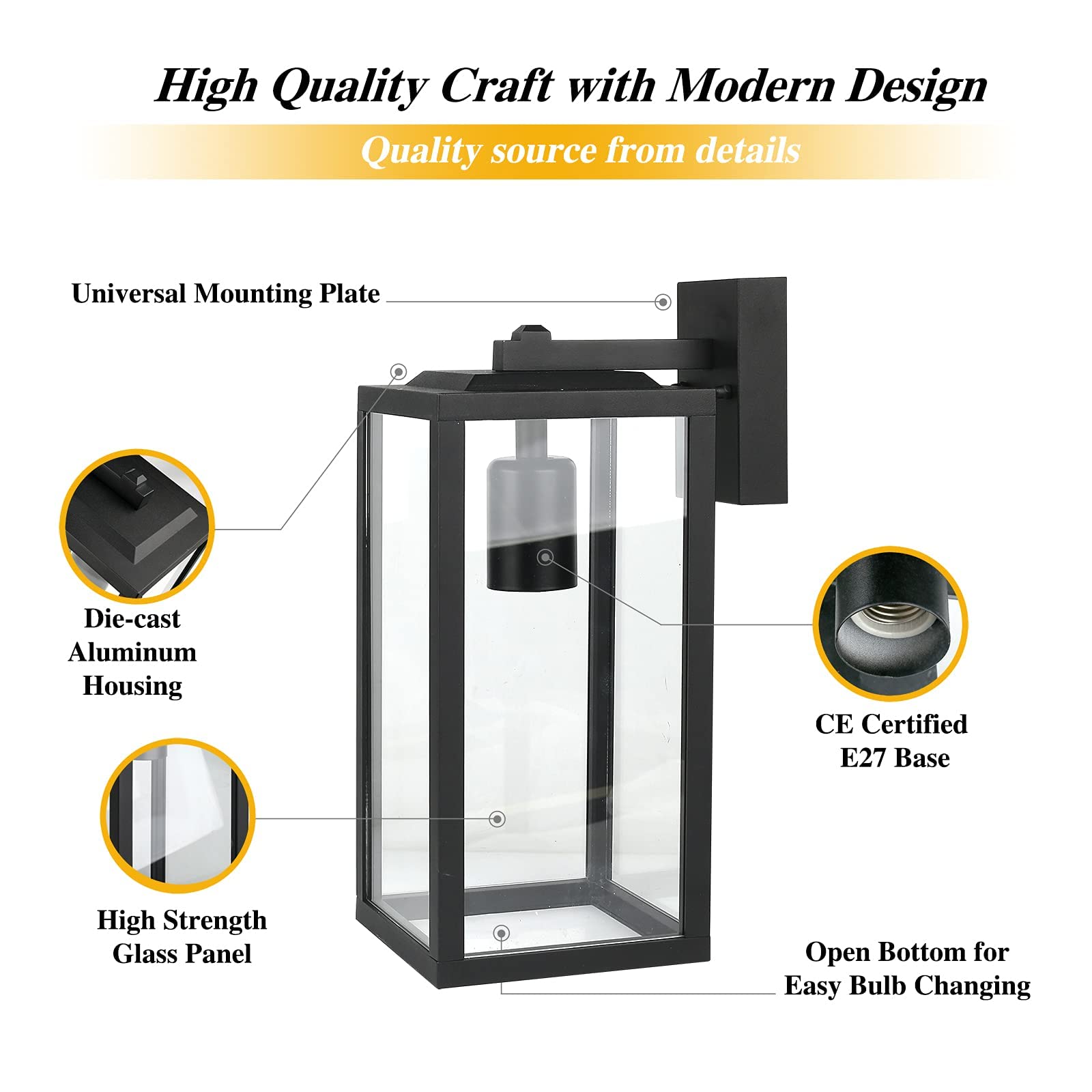 HLFVLITE Lampada Da Parete Esterna, Applique Da Parete Per Interni/Esterni in Alluminio Max 60W E27, Impermeabile Per Garage Porta Ingresso Portico, Nero Opaco