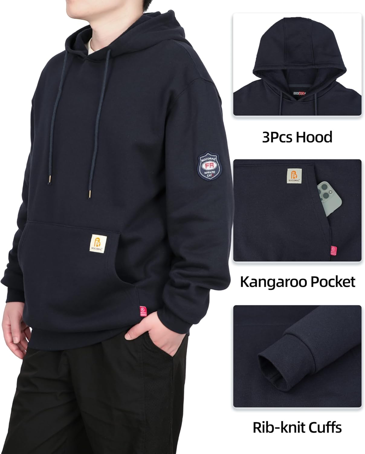 BOCOMAL FR Hoodies Pullover 10.5oz Cotton Fleece Flame Resistant Hooded Sweatshirts - Image 5