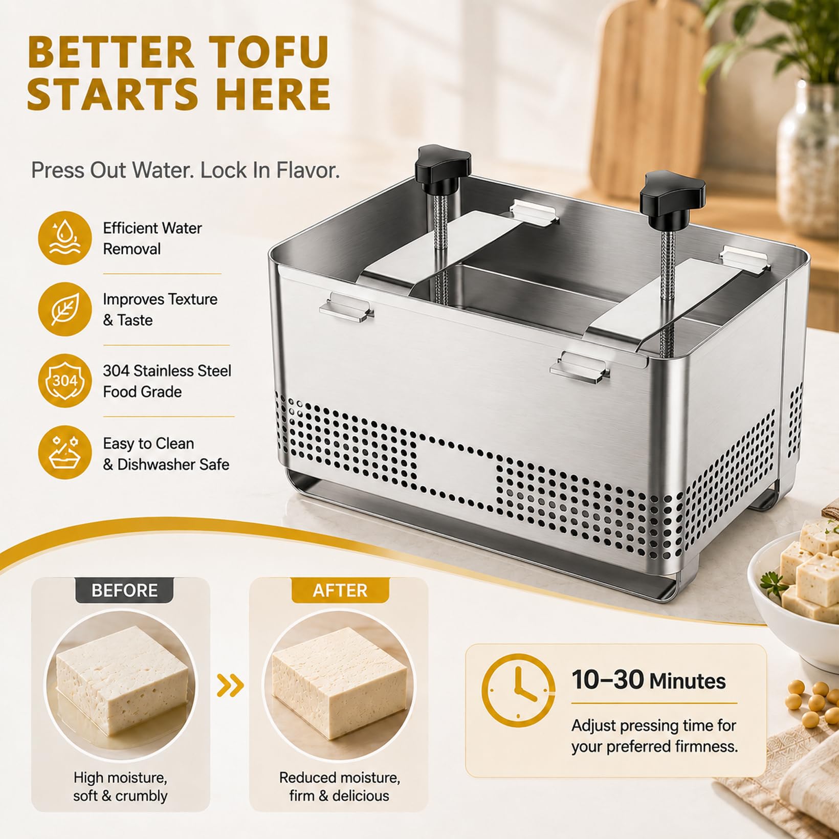 Tofupresse 304 Edelstahl, Tofupresse mit Käsetuch und Abtropfschale | 2kg Paneer Maker für Hausgemachten Tofu Paneer Käse(22x14x12cm)