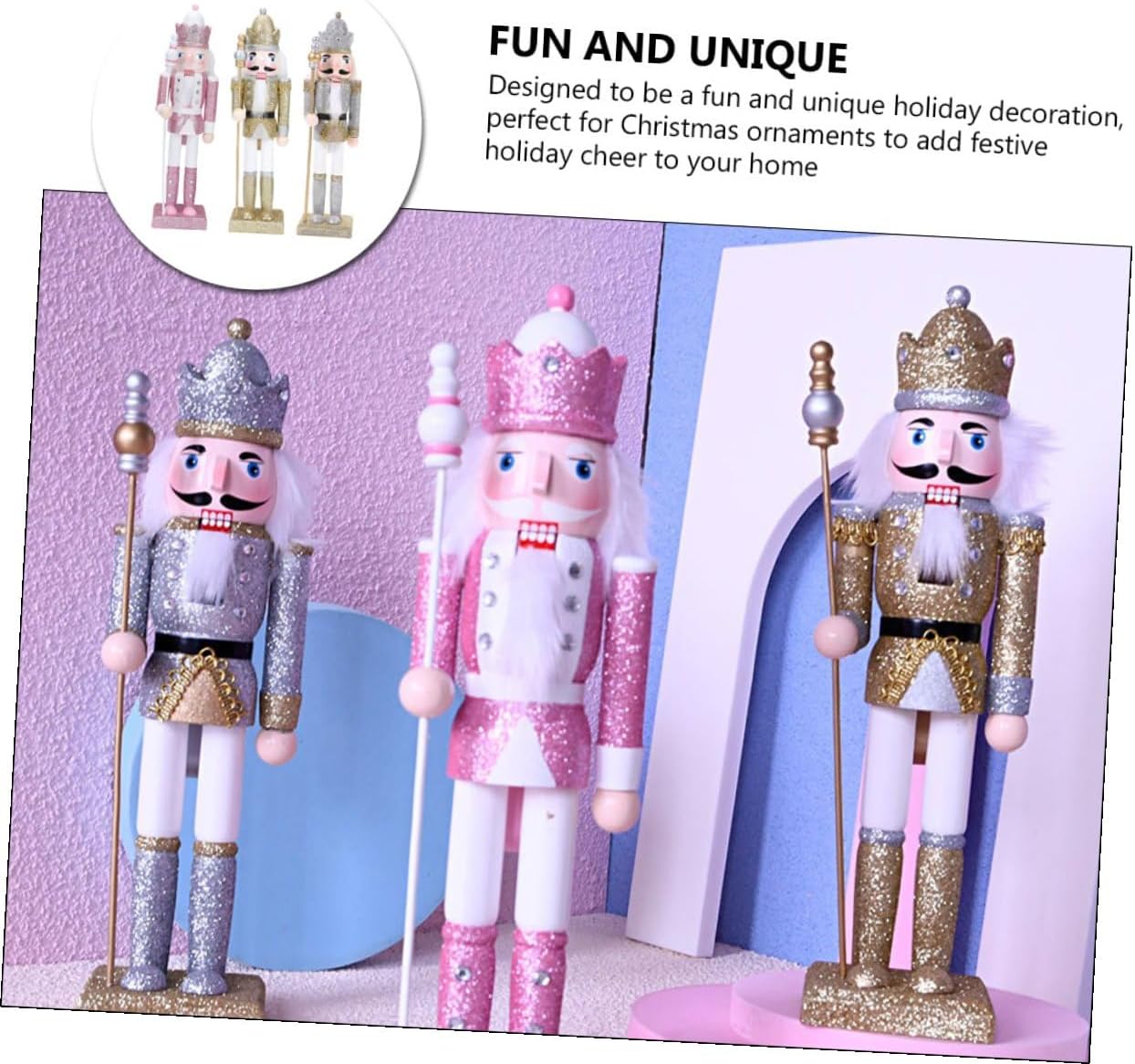 Luxshiny 3pcs Glitter Finish Wooden Nutcracker Soldier Figurines Christmas Nutcracker Ornaments Traditional Holiday Decor for Indoor Tabletop Display