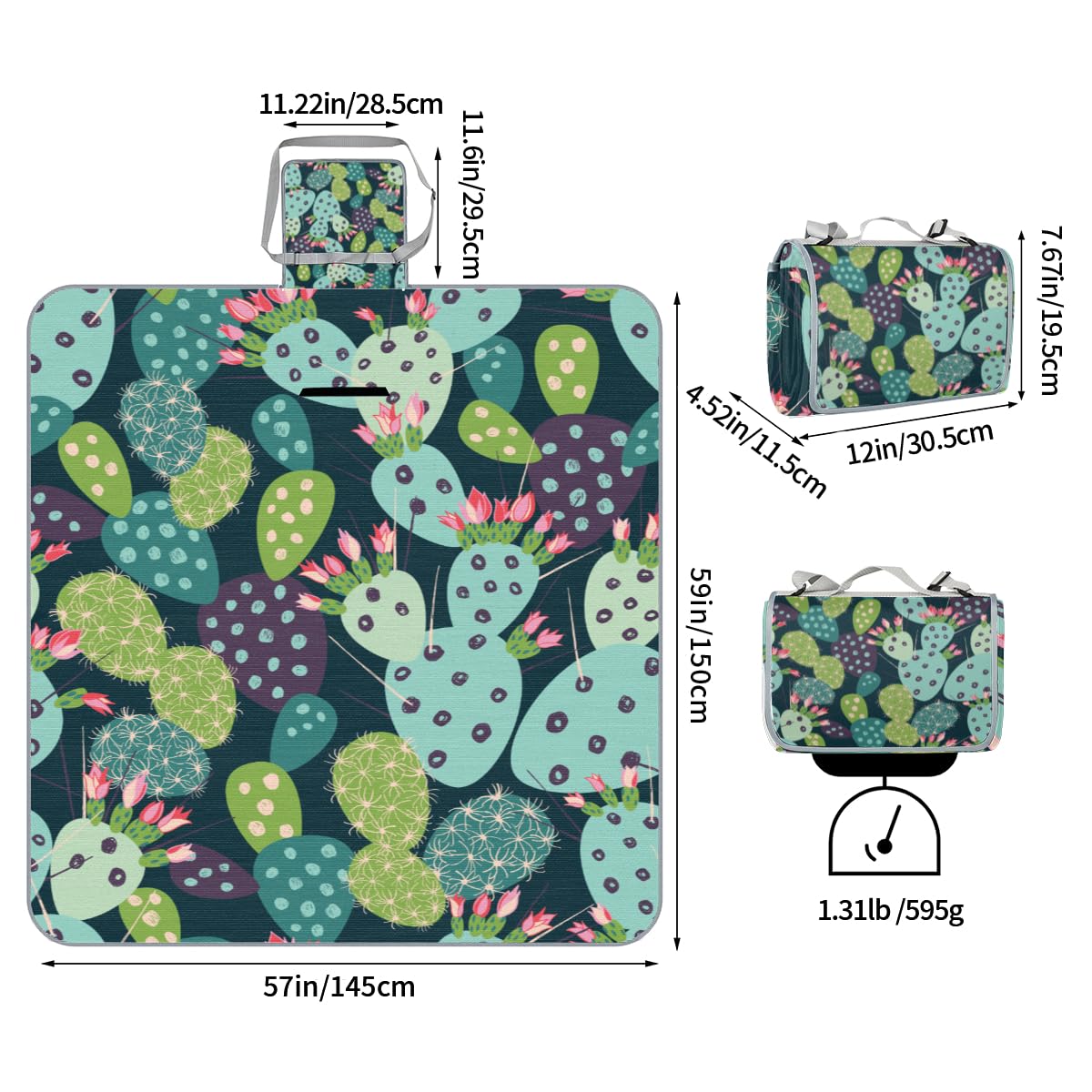 Shimoshe Picnic Blankets 57”x 59”, Flower Cactus Waterproof Sandproof Picnic Mat Lightweight Foldable Beach Blanket for Camping Park Grass Beach Outdoor Blanket