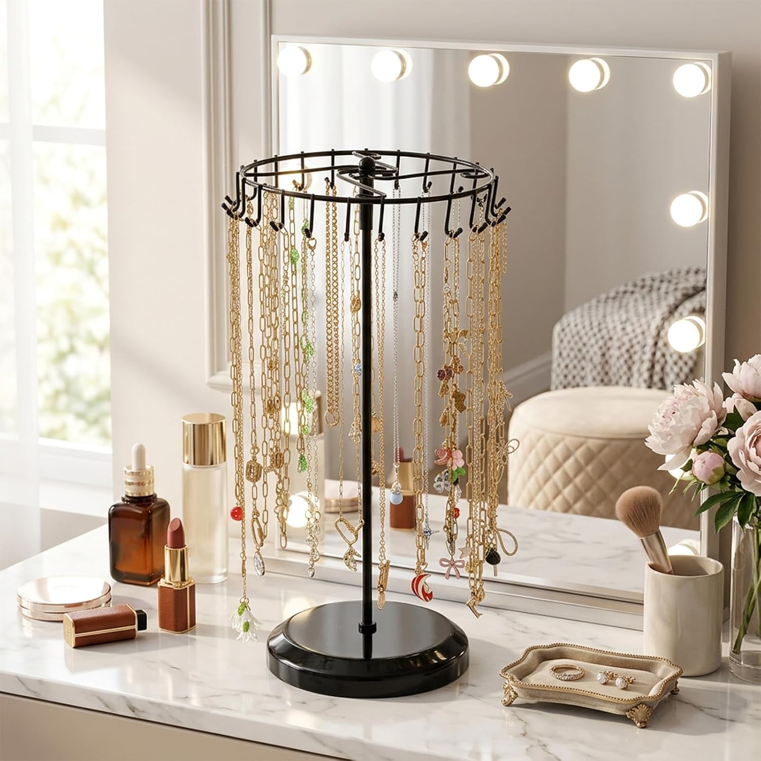 2 Pack Rotating Necklace Holder, Metal Jewelry Tree Display Stand with 23 Hooks Each, Black Jewelry Organizer for Bracelet, Earring, Keychain, Ring