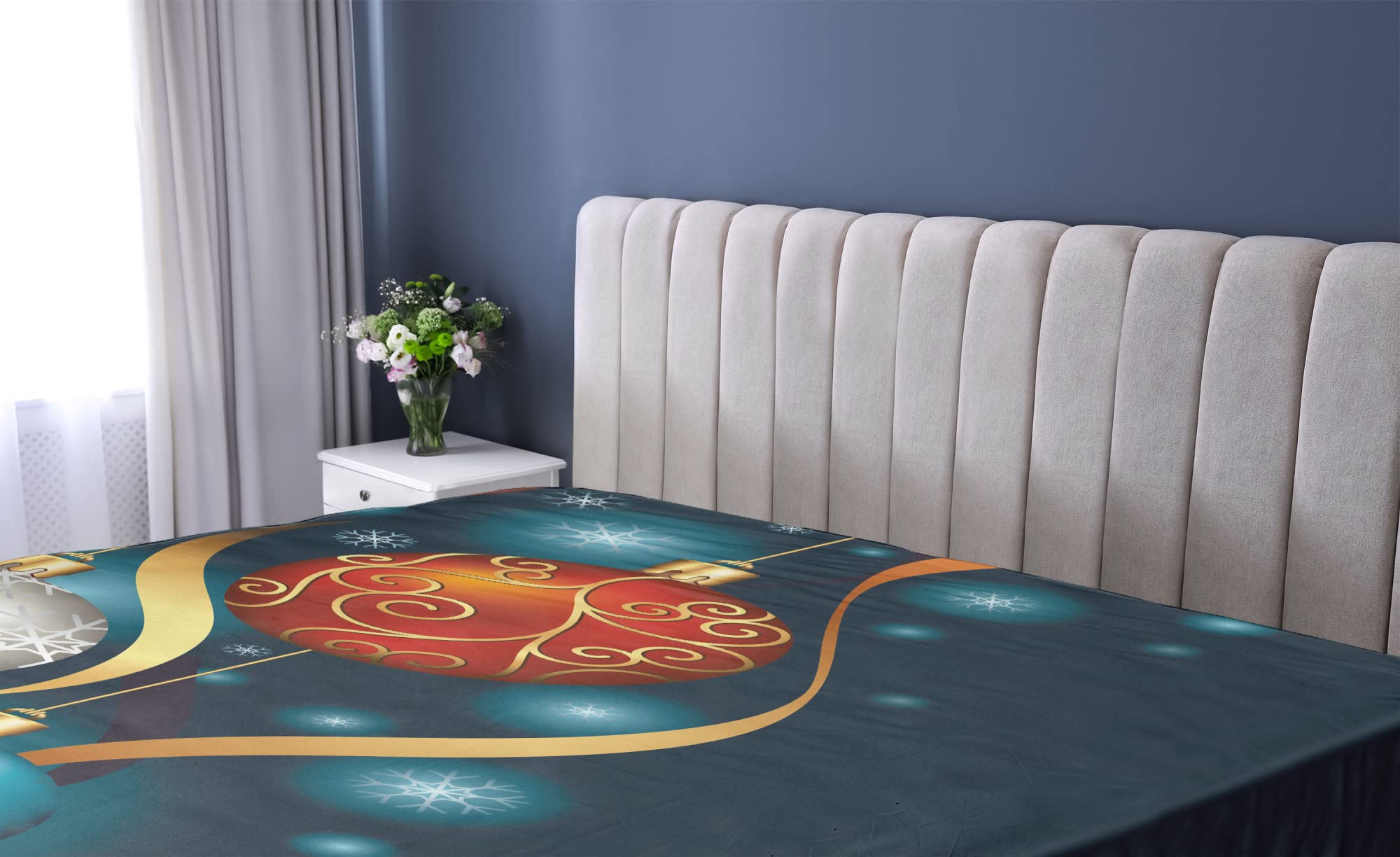 Ambesonne Christmas Fitted Sheet, Vivid Classical Baubles with Ribbons and Different Patterns Abstract, Soft Decorative Fabric Bedding All-Round Elastic Pocket, Full Size, Petrol Blue