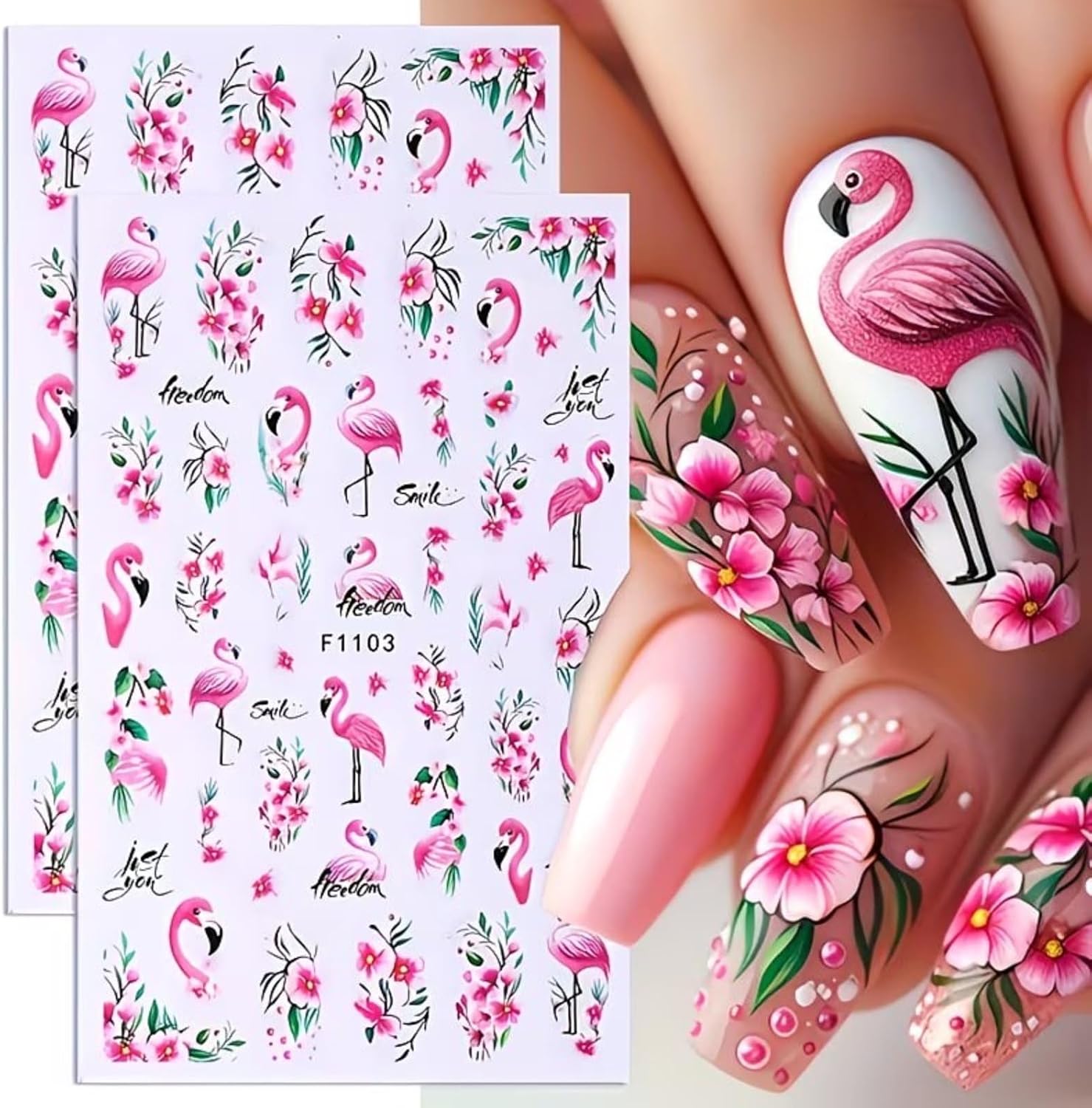 Flamingo Nail Art Stickers 3D Self-Adhesive Flowers Nail Stickers Pink Flamingo Floral Nail Decals Animal Flower Design Cute Spring Summer Nails Art Supplies for Women Manicure Decoration 6 Sheets