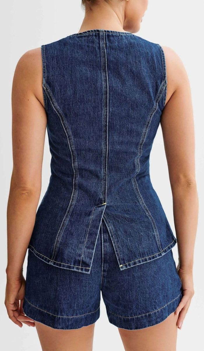 Women's Denim 2 Piece Set Casual Business Sleeveless Jean Blazer Vest Tops and Shorts Outfit Tracksuits