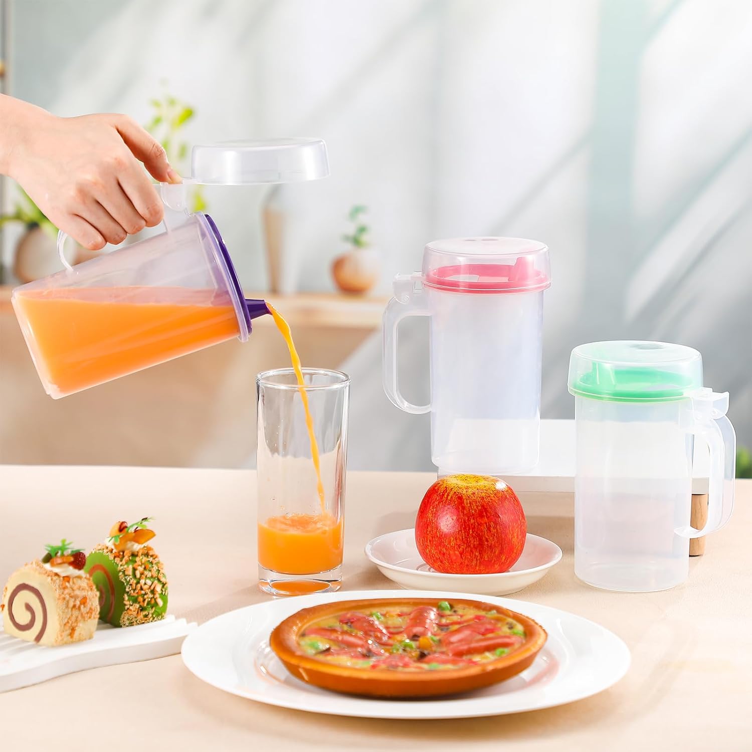 6 Pack Early Learning Kids Easy Pouring Mini Pitchers Clear Plastic Pitcher with Lid and Handle Easy Pour Bottles 16 Oz. Jugs with Lids for Classroom Nursery Home (Colorful)