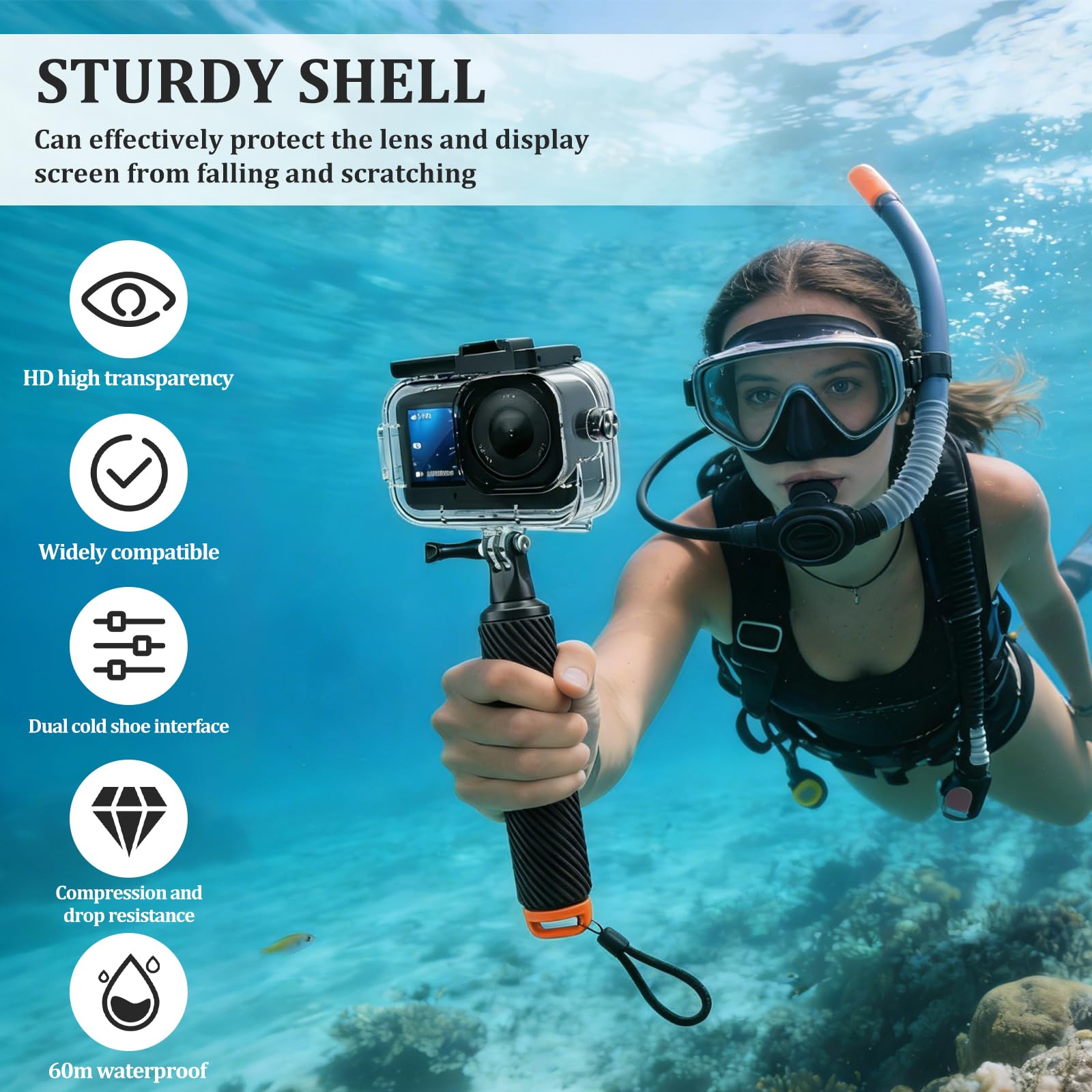 Custodia impermeabile compatibile con fotocamera DJI Osmo Action 6, custodia subacquea da 60 m con manico galleggiante, anti-nebbia e supporto a sgancio rapido, accessori a vite per Action 6