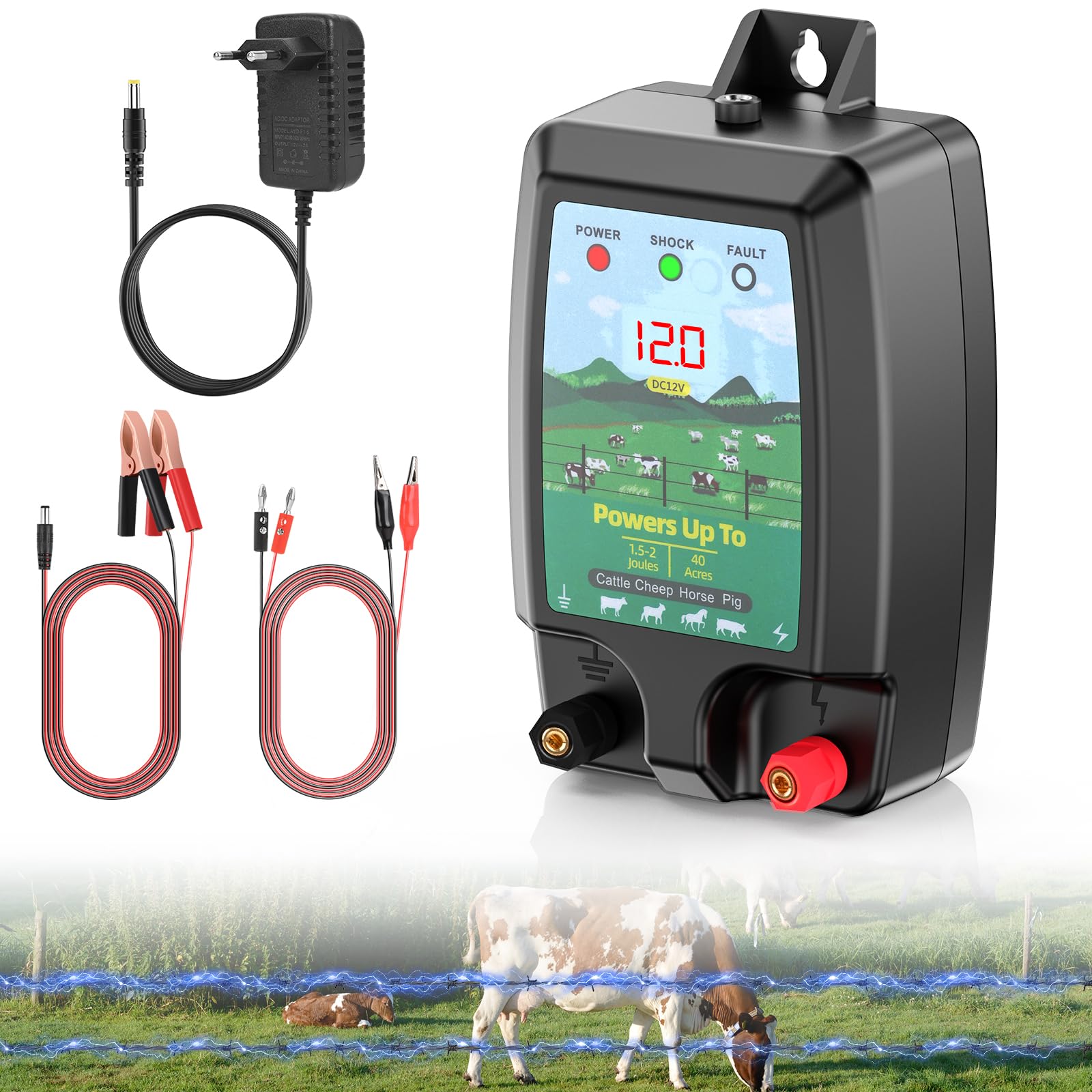 Valla eléctrica para mascotas 10KM, Potente 2J electrificador Valla eléctrica con pantalla LCD, alta potencia impermeable cerca eléctrica para protección de animales