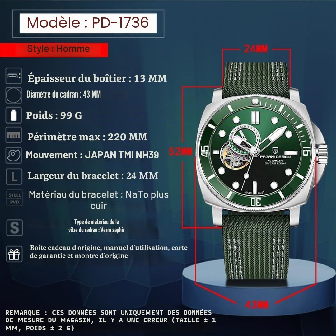 Pagani Design 1736 Montre mécanique Automatique Tourbillon Japon NH39 Verre Saphir Bracelet en Cuir 200 m Montre de plongée Sport pour Homme