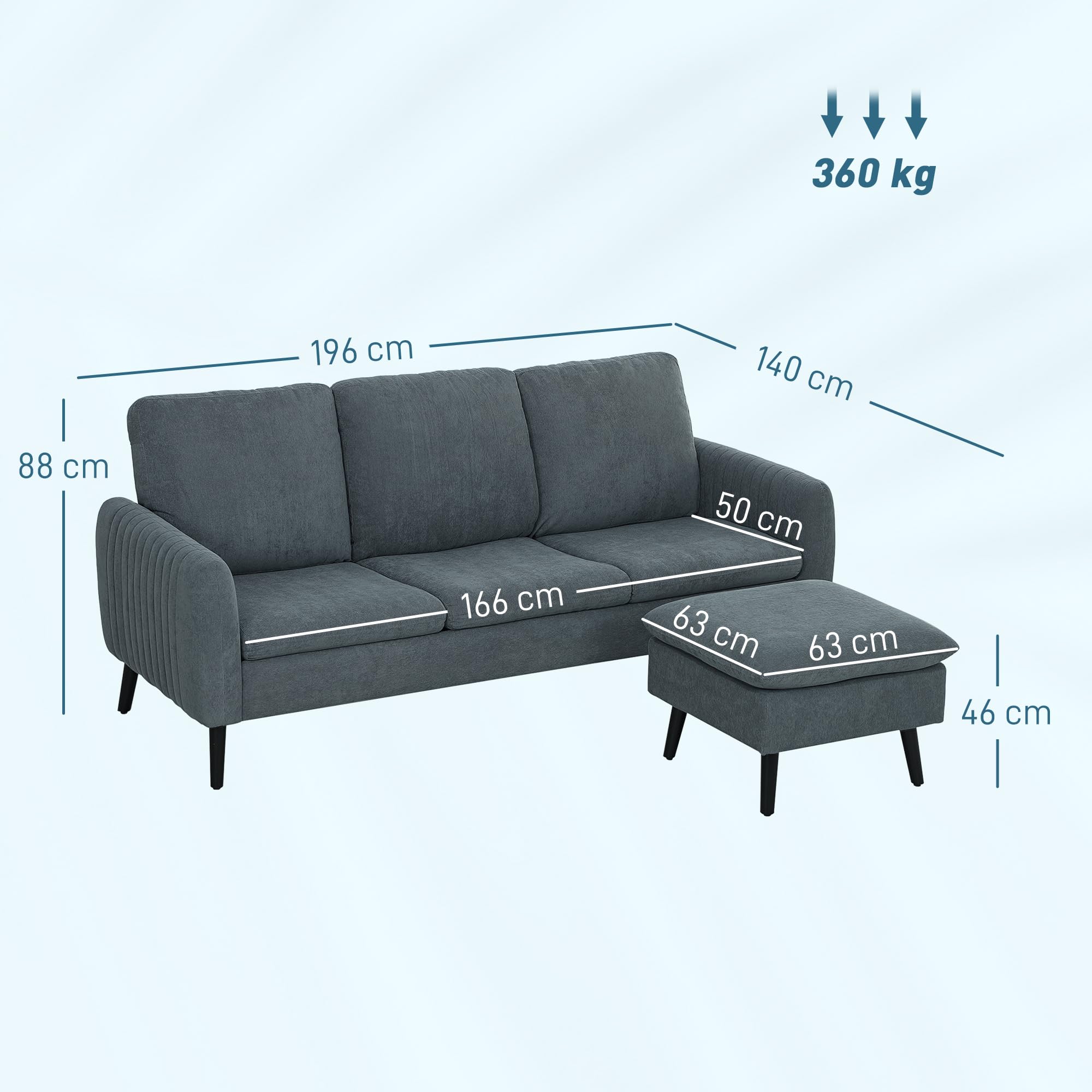 HOMCOM Divano Angolare 3 Posti, Divano ad Angolo con Chaise Longue Reversibile 196x140x88 cm, Divano a L Modulare con Poggiapiedi Rimovibile in Tessuto a Coste per Salotto e Soggiorno, Grigio Carbone