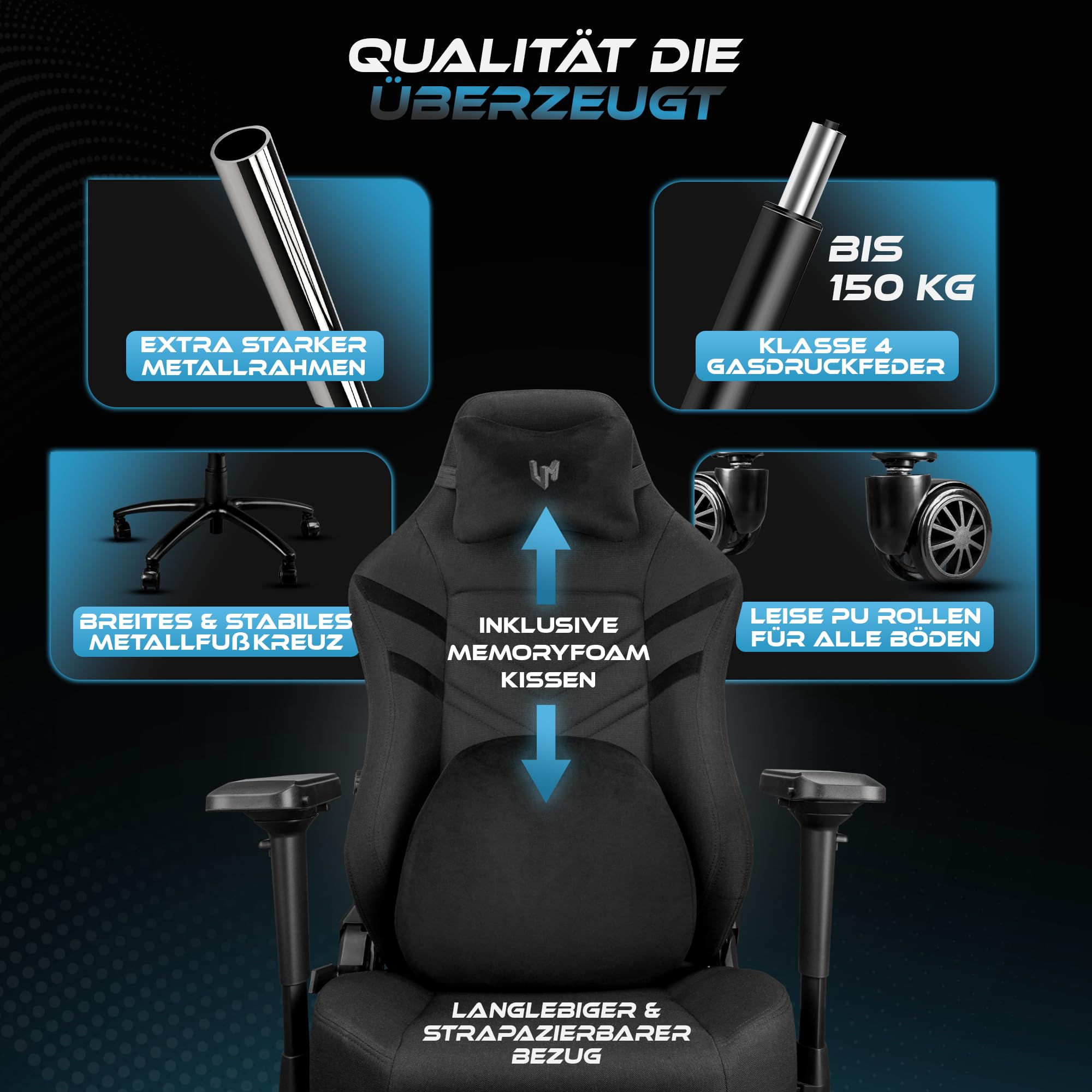 Ultimatrix FURY Gaming Stuhl Ergonomisch [TESTSIEGER] Integrierte Lordosenstütze, 4D-Armlehnen, Atmungsaktiver Stoff, Fußstütze, Gamingstuhl Kaltschaum, Gaming Chair 150kg, Schreibtischstuhl (Schwarz)