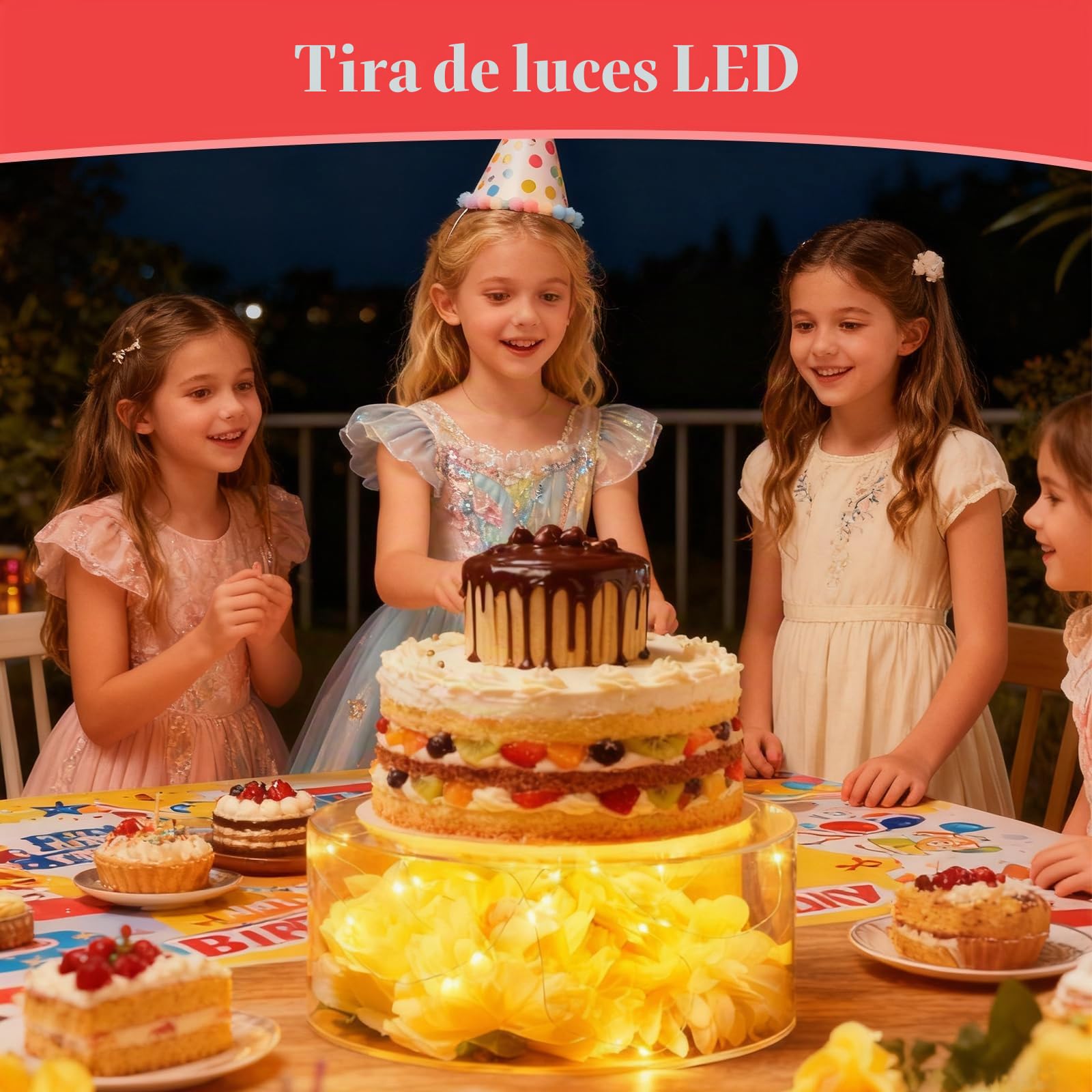 3 Piezas Soporte para Tartas de Acrílico, Bandeja Redonda Transparente Rellenable para Tartas con 3 Tiras de luz LED para Bodas, Cumpleaños y Fiestas.