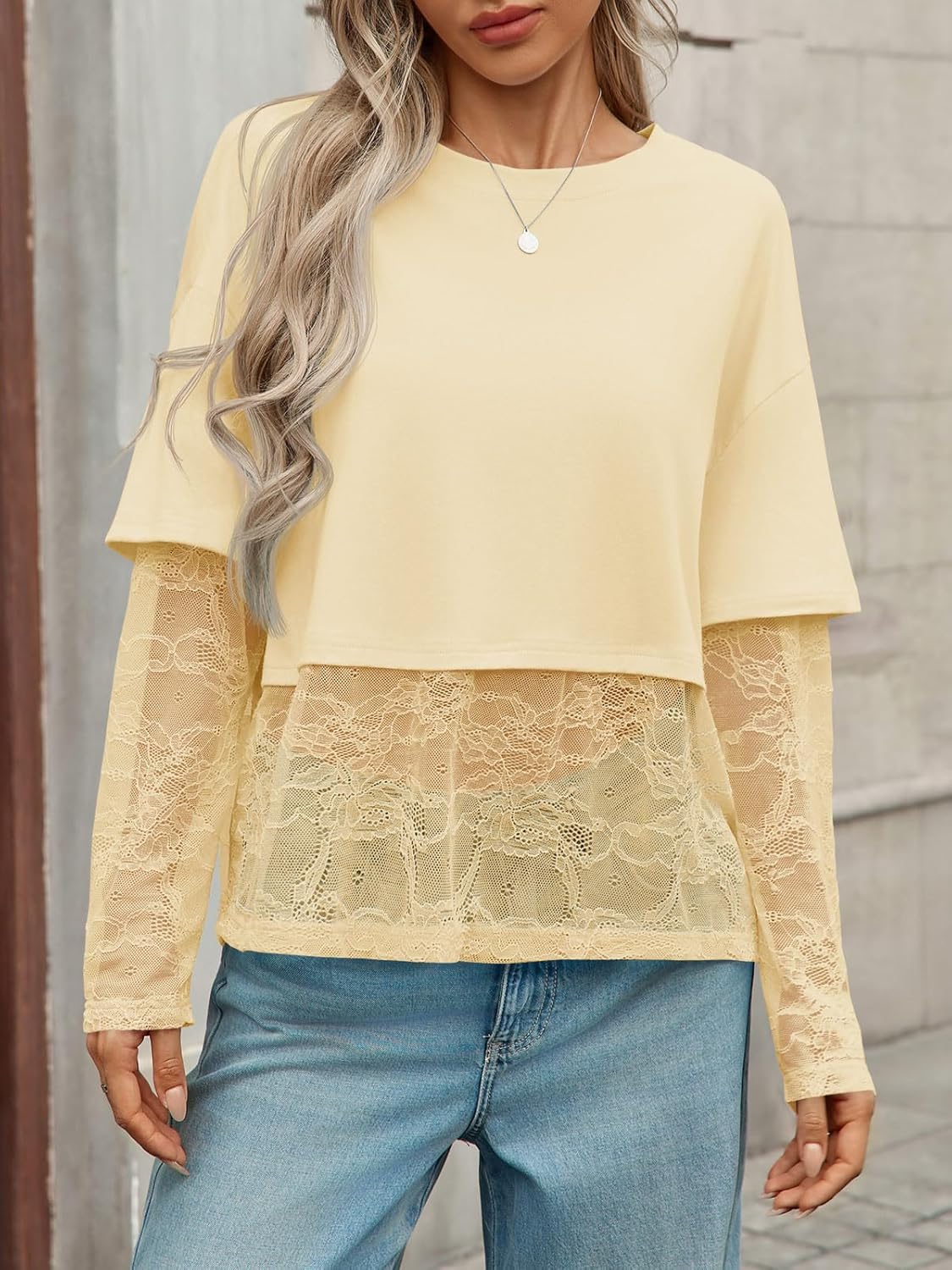 Tankaneo Womens Lace Long Sleeve Crop Top 2025 Crewneck Mesh T Shirts Casual Trendy Tops - Image 2