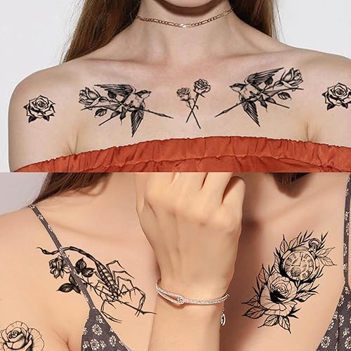 Miniatura 3 de GLARYYEARS Temporary Tattoo for Women, 44-Pack Large+Small size Realistic Flower Tattoos, Long-lasting Fake Tattoo Stickers, Cool Black Body Half