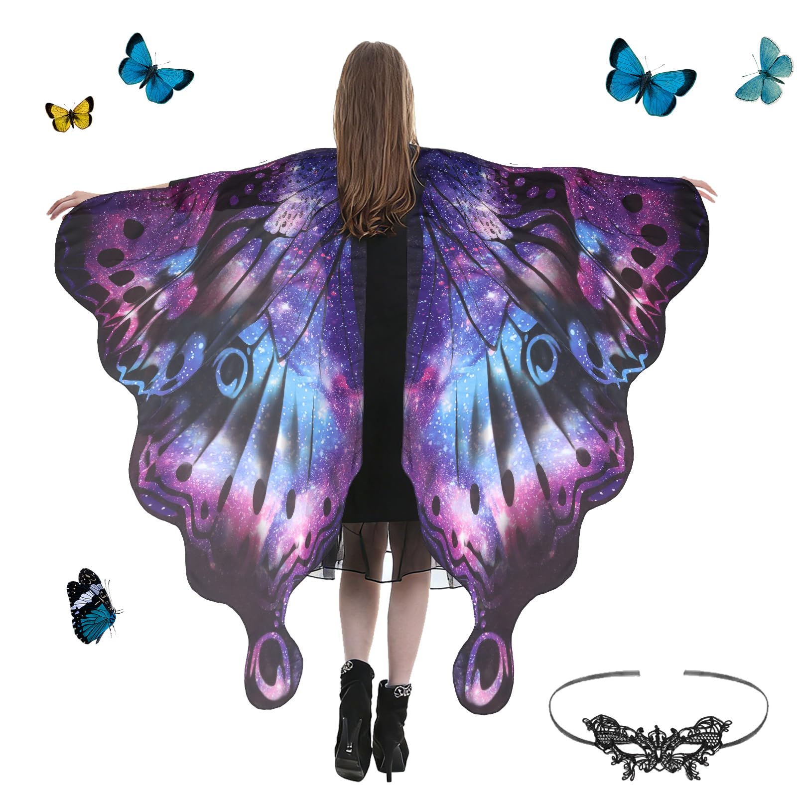 nsihing Women Butterfly Wings Costume,Adults Fairy Wings Fancy, Butterfly Wings Ladies Carnival Costume for Party Dress Up Photo Prop (Purple Starry Sky)