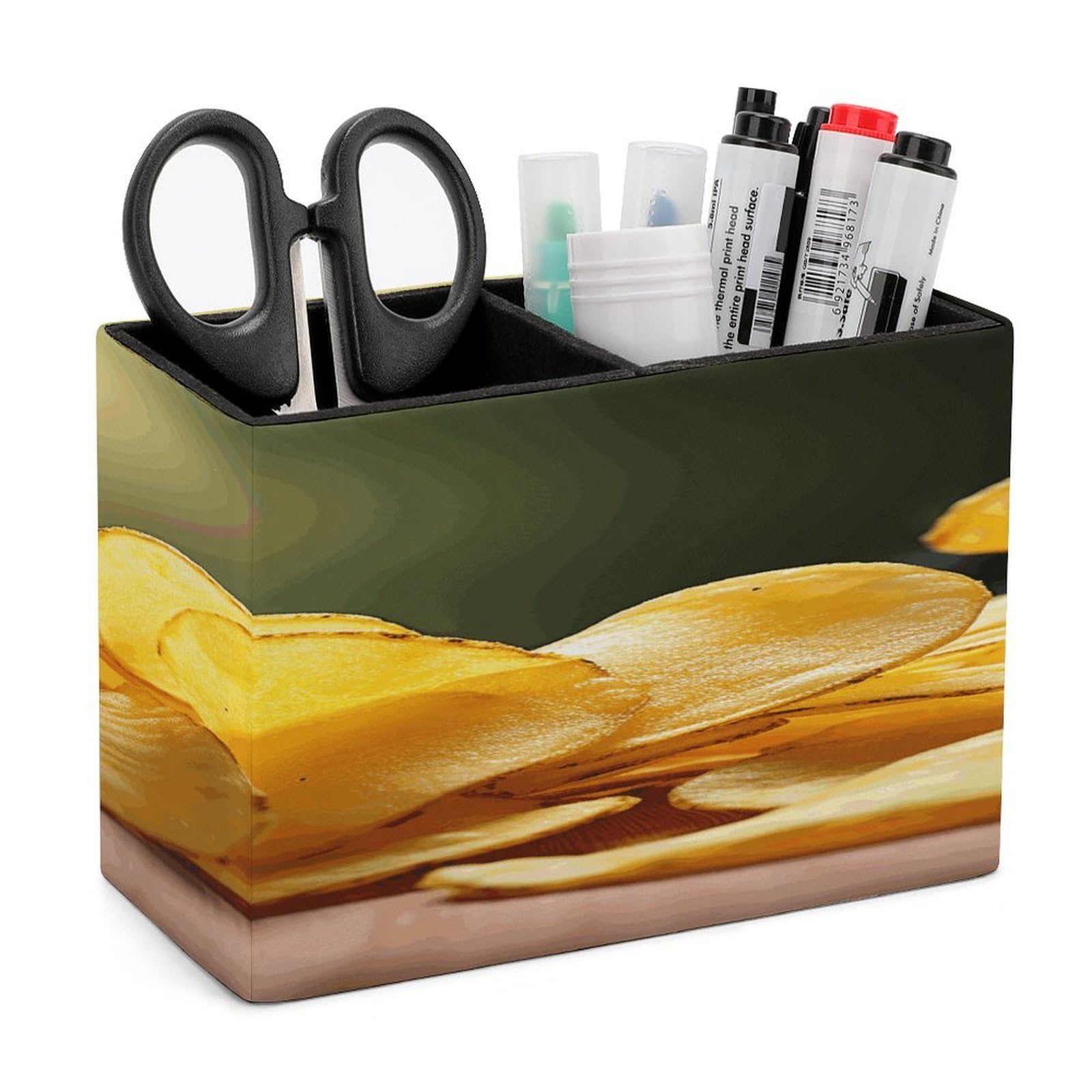 FodPand Potato Chips Leather Pen Holder for Desk Organizers Caddy Pencil Holder Multi-function Pen Organizer Large Makeup Brush Holders Pencil Cup for Home Office Storage Box