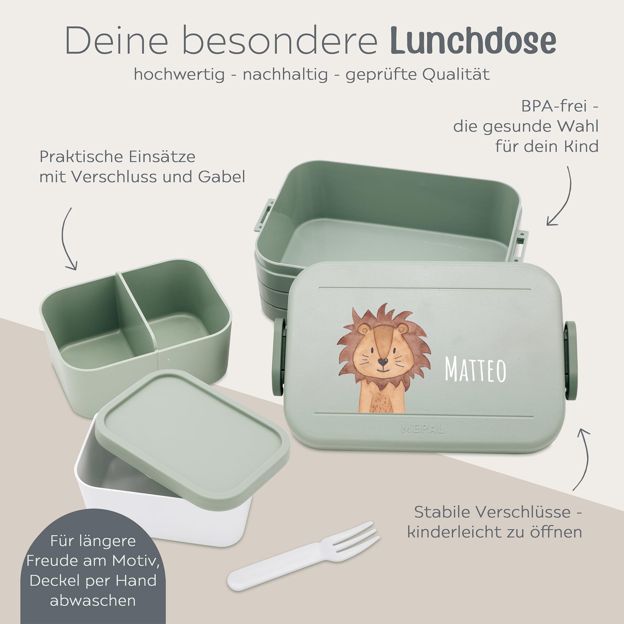 wunderwunsch MEPAL Brotdose Spülmaschinenfest Kinder, Lunchbox mit Einsatz für perfekte Ordnung, Spülmaschine, Mikrowellengeeignet, personalisiert mit niedlichem Motiv (Löwe, grün)
