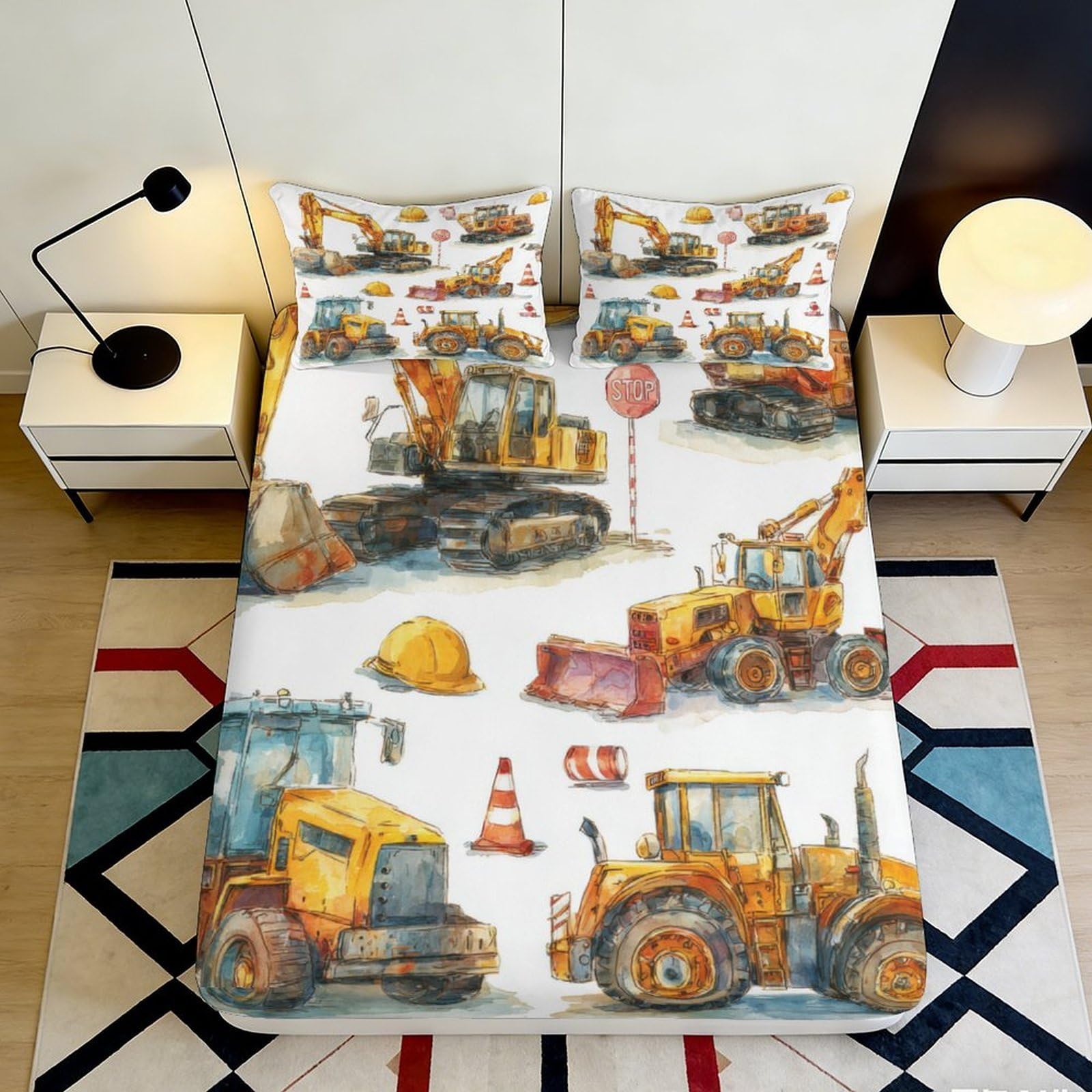 3D Printed Construction Vehicles Fitted Sheet Microfiber Soft Breathable Excavator Bed Cover for Bedroom Dorm Decor 90x200x25cm
