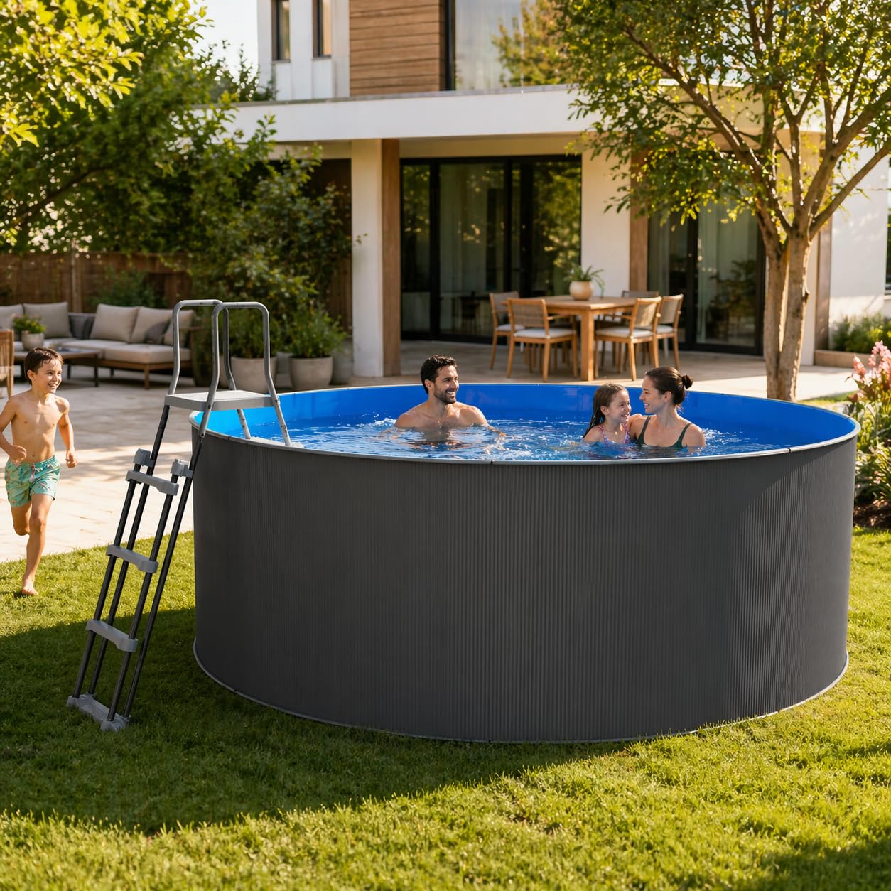 Nix Pool Piscina Desmontable de Acero Antracita para jardín con depuradora y Escalera (360 x 120 cm)
