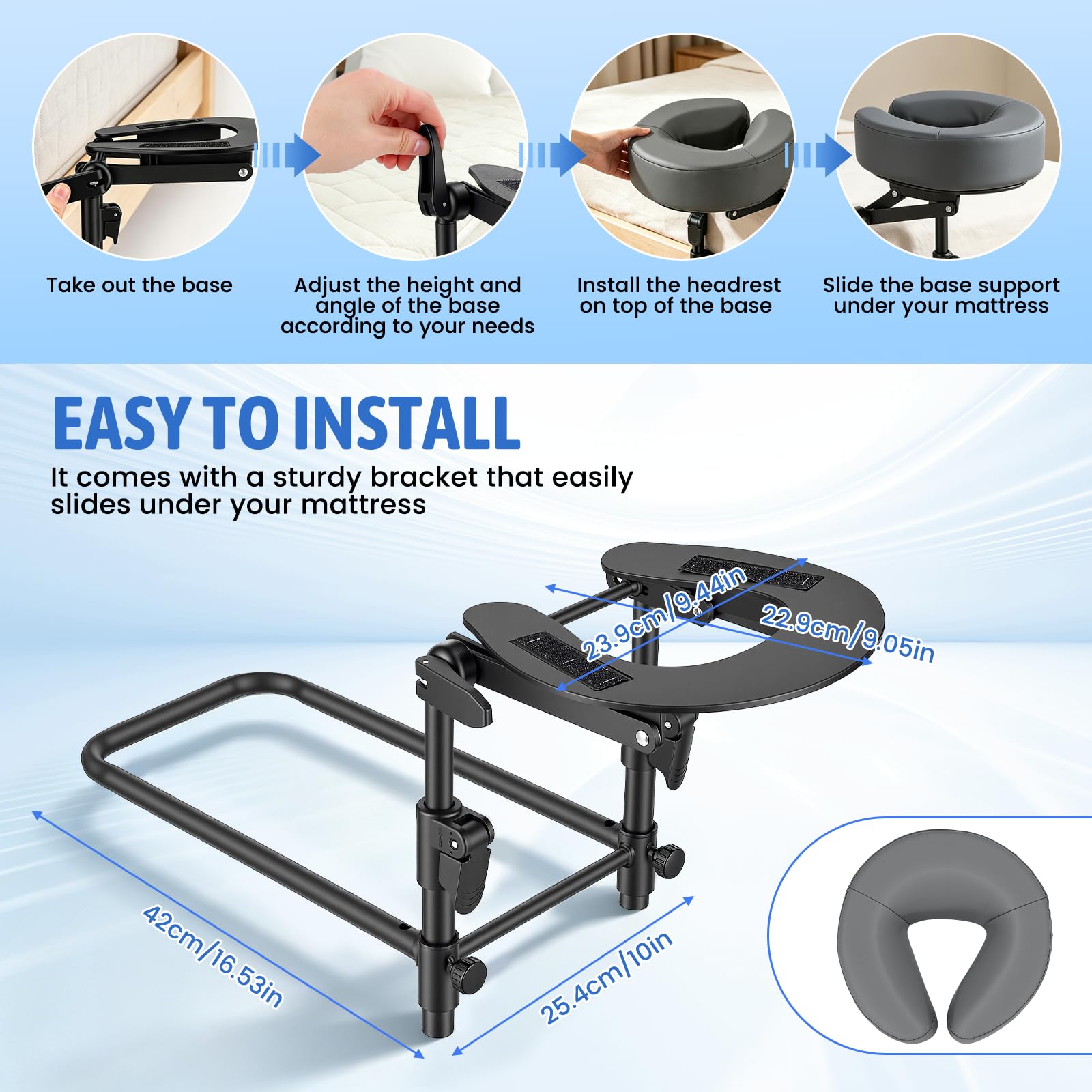 Reposacabezas de masaje para cama con marco y almohadilla ajustable, Soporte para colchón 14-45cm, Posición boca abajo tras operación ocular, Soporte facial colchón para hogar y salón de belleza, Gris