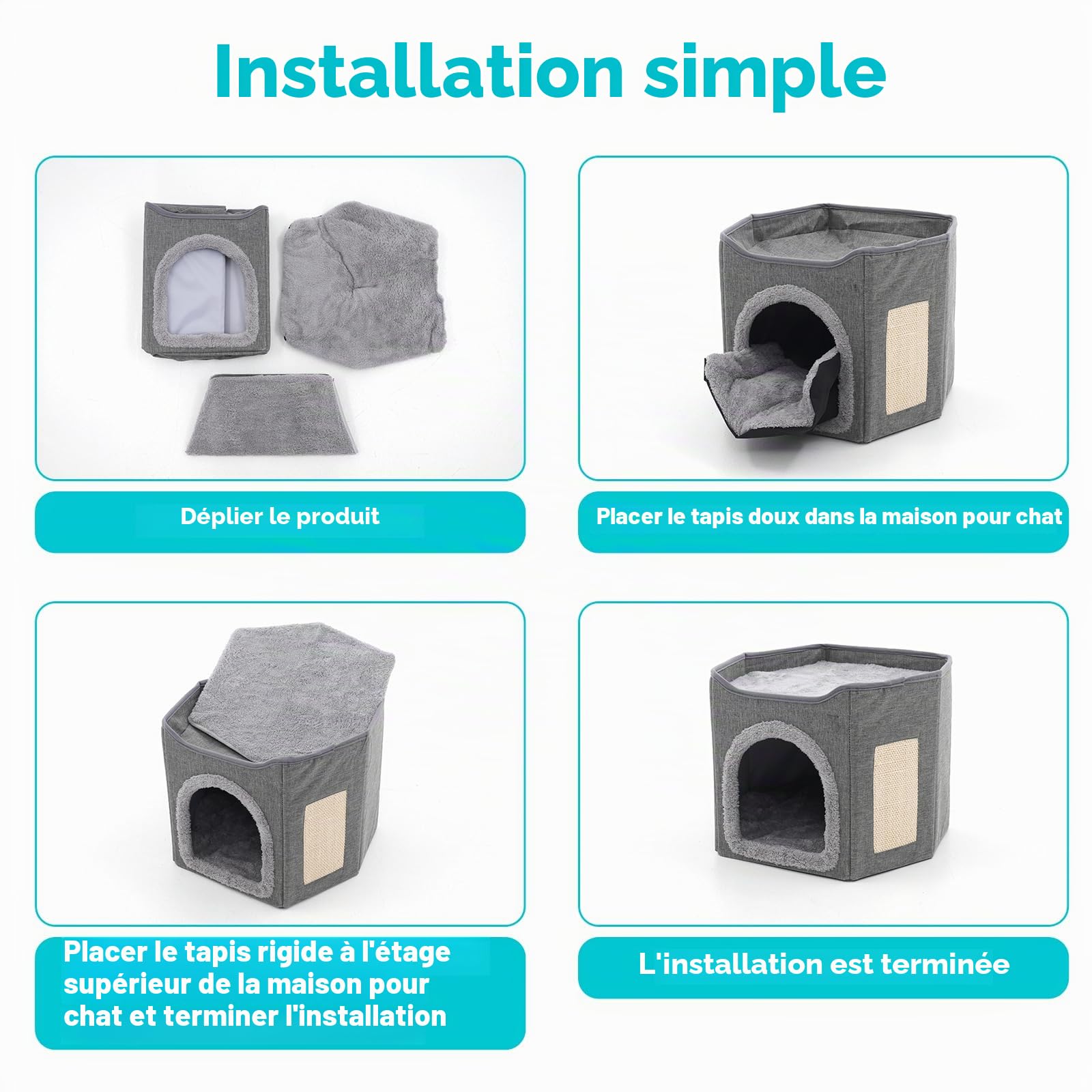 Maison pliable d'intérieur pour grands chats, grande niche pour chat avec griffoir, 2 couches, niche pour animaux de compagnie de petite et moyenne taille, grise