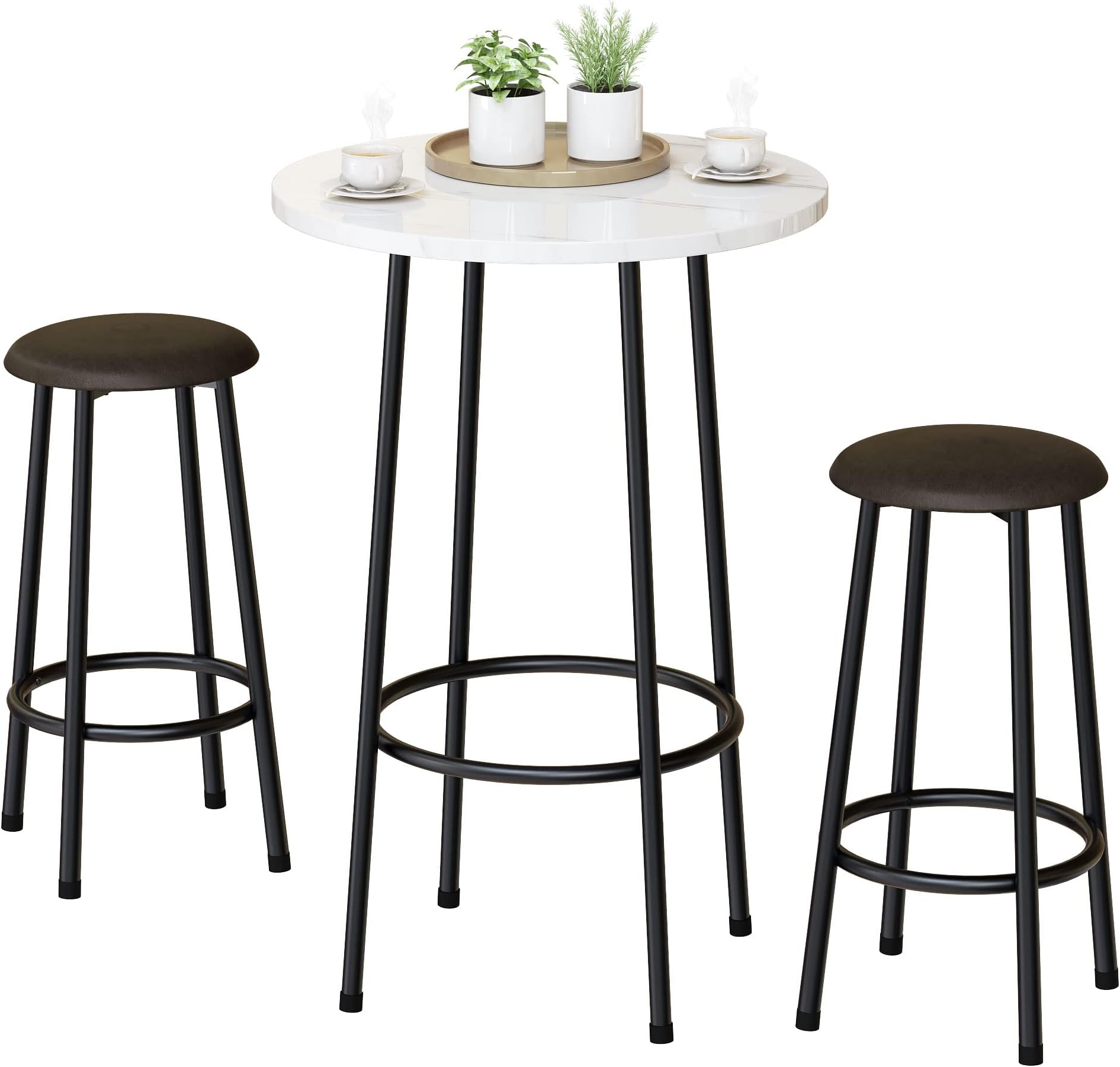 MIERES 3 Piece Pub Dining, Kitchen Counter Height, Modern Bar Table Set with Faux Marble Top and 2 Stools Breakfast Nook Living Room Small Space-White, Round